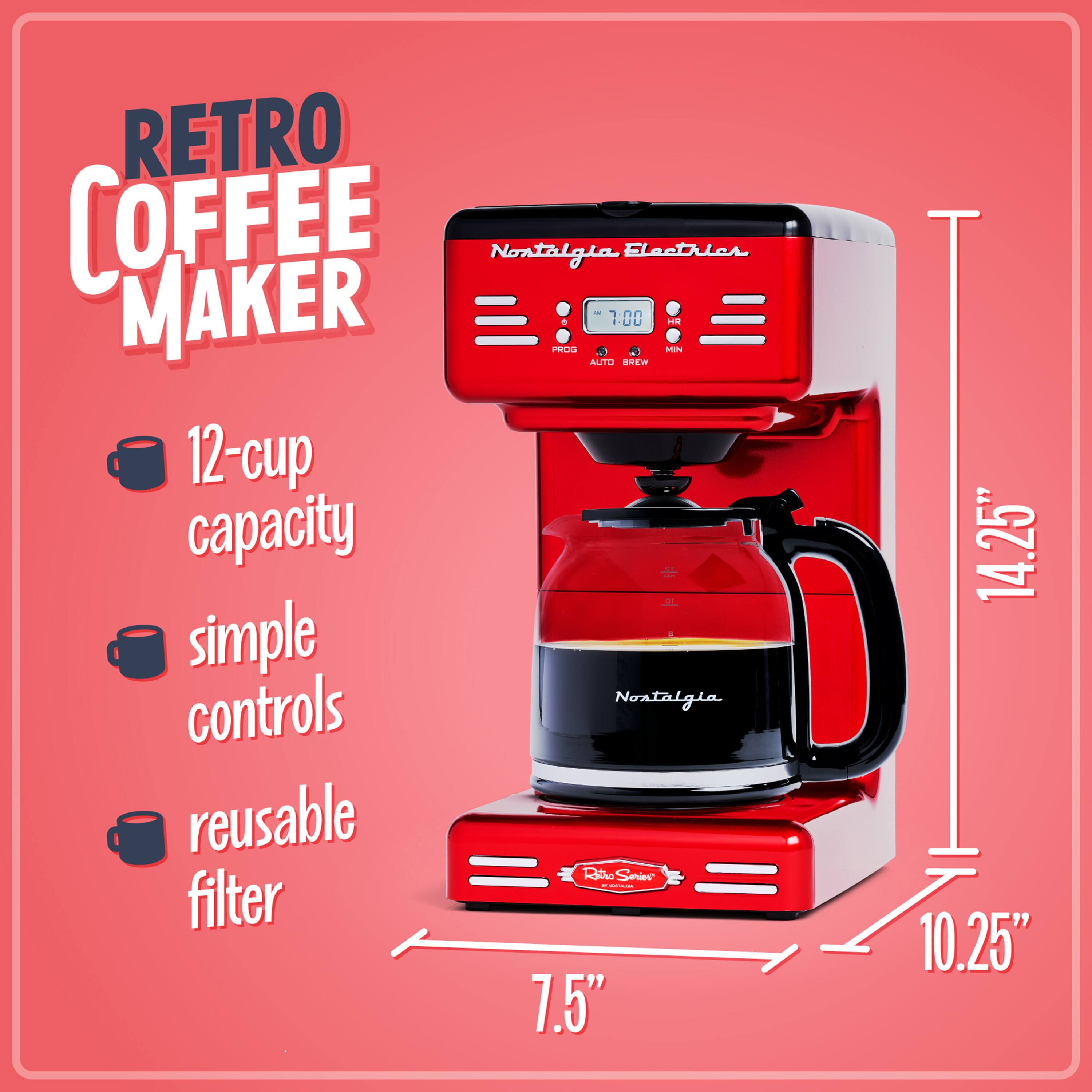 RETRO COFFEE MAKER  
Nostalgia Electric  
12-cup capacity  
simple controls  
reusable filter  

Dimensions:  
Height: 14.25"  
Width: 10.25"  
Depth: 7.5"