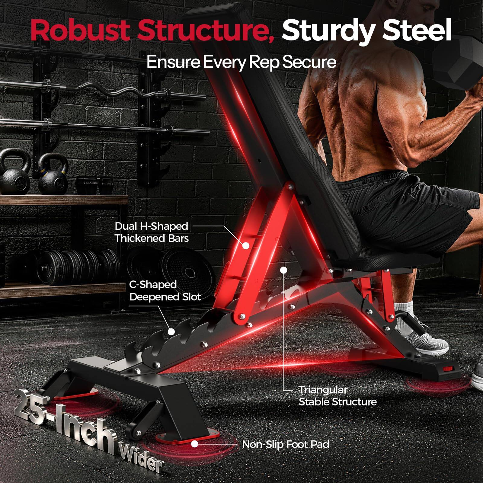 Robust Structure, Sturdy Steel Ensure Every Rep Secure

Dual H-Shaped Thickened Bars

C-Shaped Deepened Slot

25-inch Wider

Triangular Stable Structure Non-Slip Foot Pad