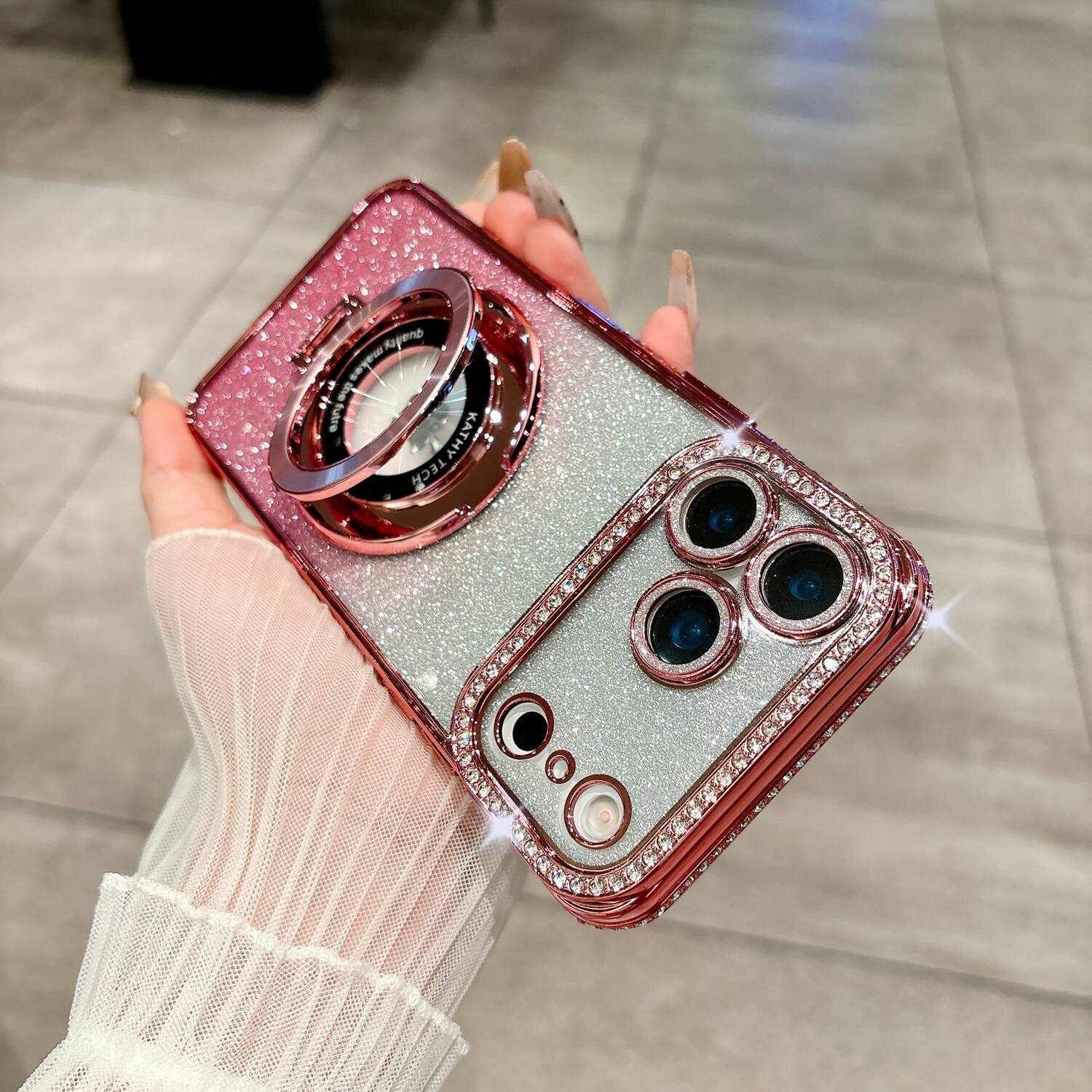 Dteck - Luxury Glitter Rhinestone Phone Case for Apple iPhone 17 Pro Max,Plated Shockproof Ring Stand TPU Cover with Lens Film - Pink