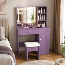 RYHNUYNE - Vanity Desk Set, Padded Stool, 3-Color LED Mirror, Drawer and Storage Locker, MDF Makeup Station for Bedroom - Purple