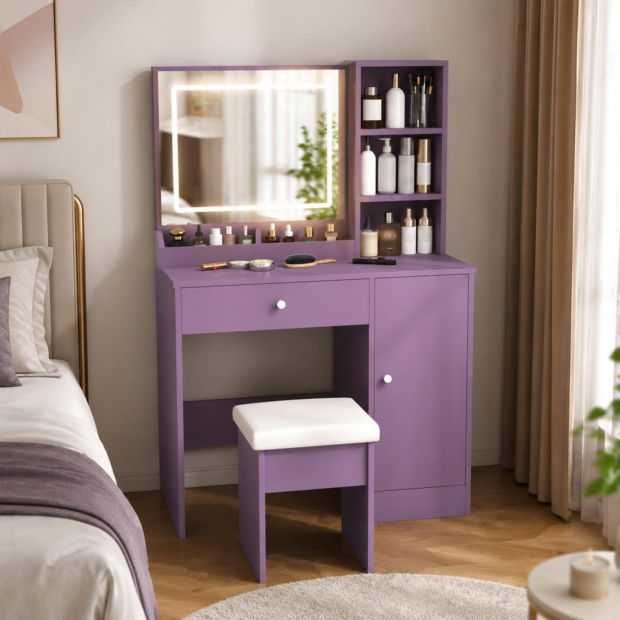 Front. RYHNUYNE - Purple Vanity Desk Set, Padded Stool, 3-Color LED Mirror, Drawer and Storage Locker, MDF Makeup Station for Bedroom - Purple.