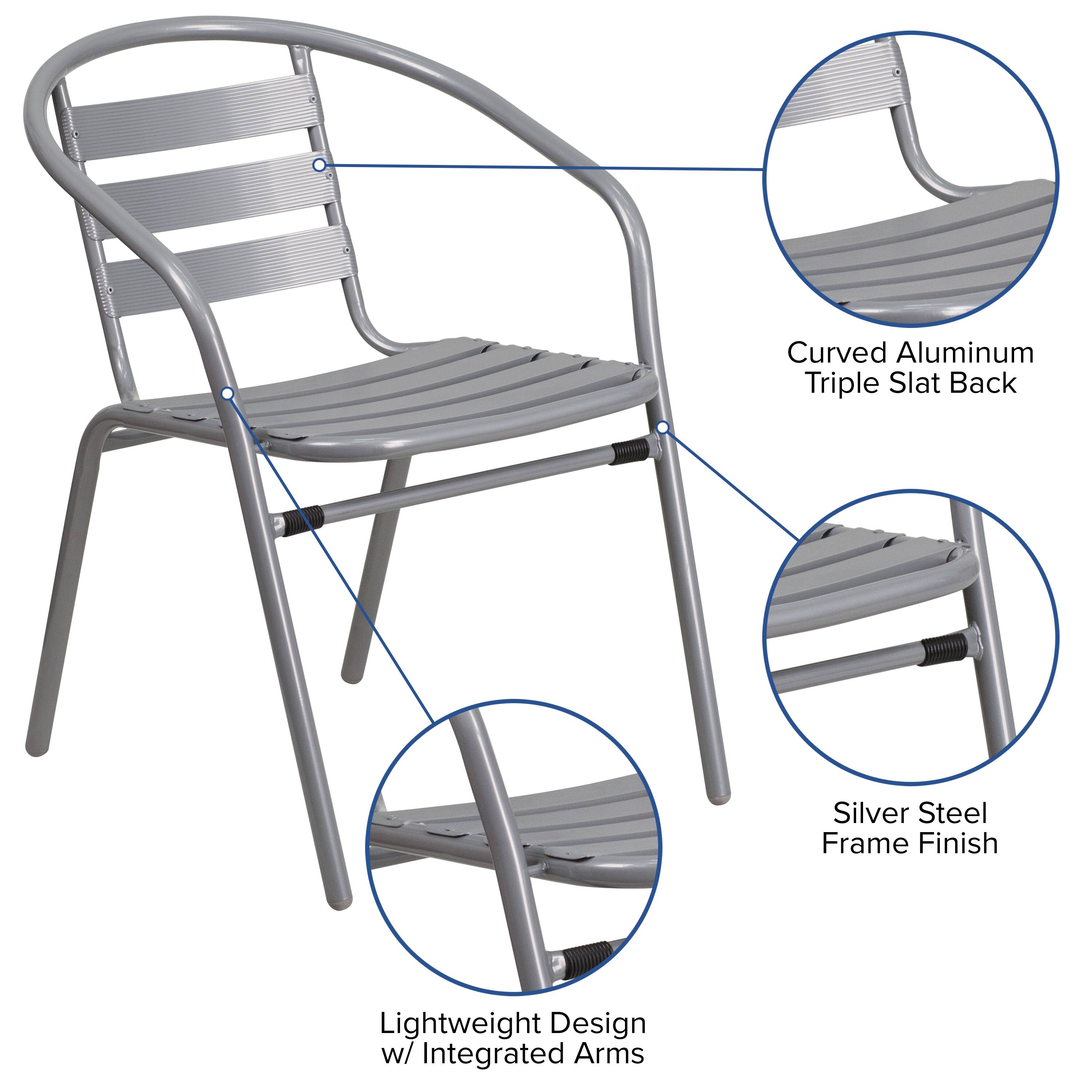 Curved Aluminum Triple Slat Back  
Silver Steel Frame Finish  
Lightweight Design w/ Integrated Arms