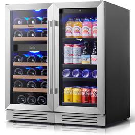 Yeego - Wine and Beverage Refrigerator, Two 15" Wine Beverage Coolers Under Counter Wine Fridge, Hold 28 Bottles and 80 Cans - Silver