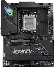 The image features a computer motherboard with the brand name "STRIX" on it. The motherboard is designed for the AMD Ryzen AM5 processor and has a black and purple color scheme. The motherboard is equipped with a variety of ports, including USB, HDMI, and PCIe. The image also shows a CPU cooler and a RAM module installed on the motherboard.