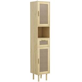 Homcom - Tall Bathroom Storage Cabinet with Rattan Doors, Freestanding Bathroom Cabinet with Open Shelf, Drawer, Cabinets - Oak