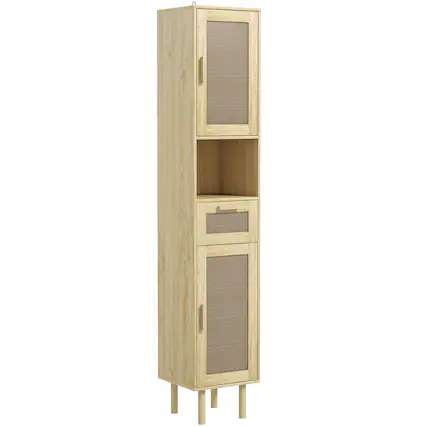 Front. Homcom - Tall Bathroom Storage Cabinet with Rattan Doors, Freestanding Bathroom Cabinet with Open Shelf, Drawer, Cabinets - Oak.