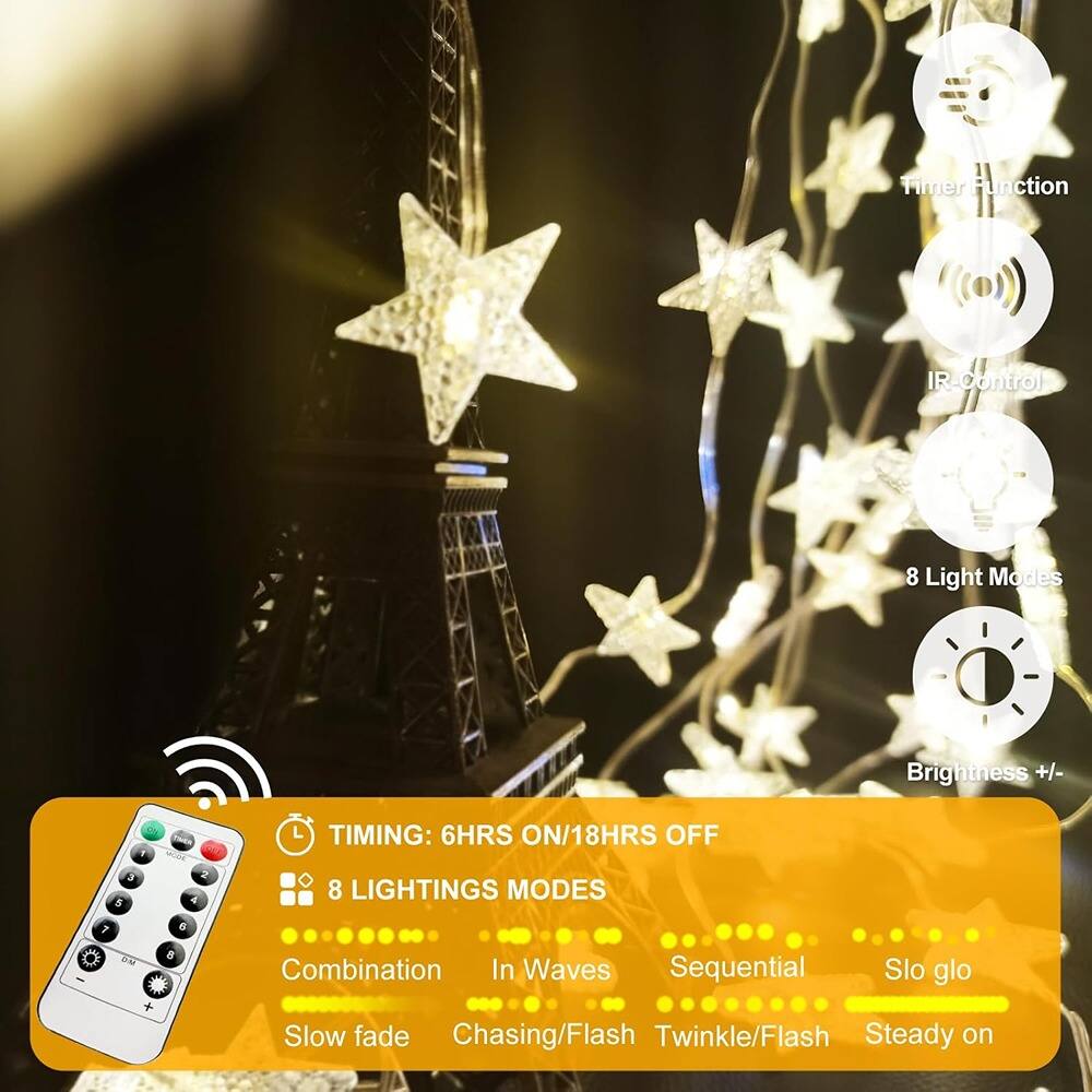 - Timer Function
- IR Control
- 8 Light Modes
- Brightness +/- 

TIMING: 6HRS ON/18HRS OFF

8 LIGHTINGS MODES:
- Combination
- In Waves
- Sequential
- Slo glo
- Slow fade
- Chasing/Flash
- Twinkle/Flash
- Steady on