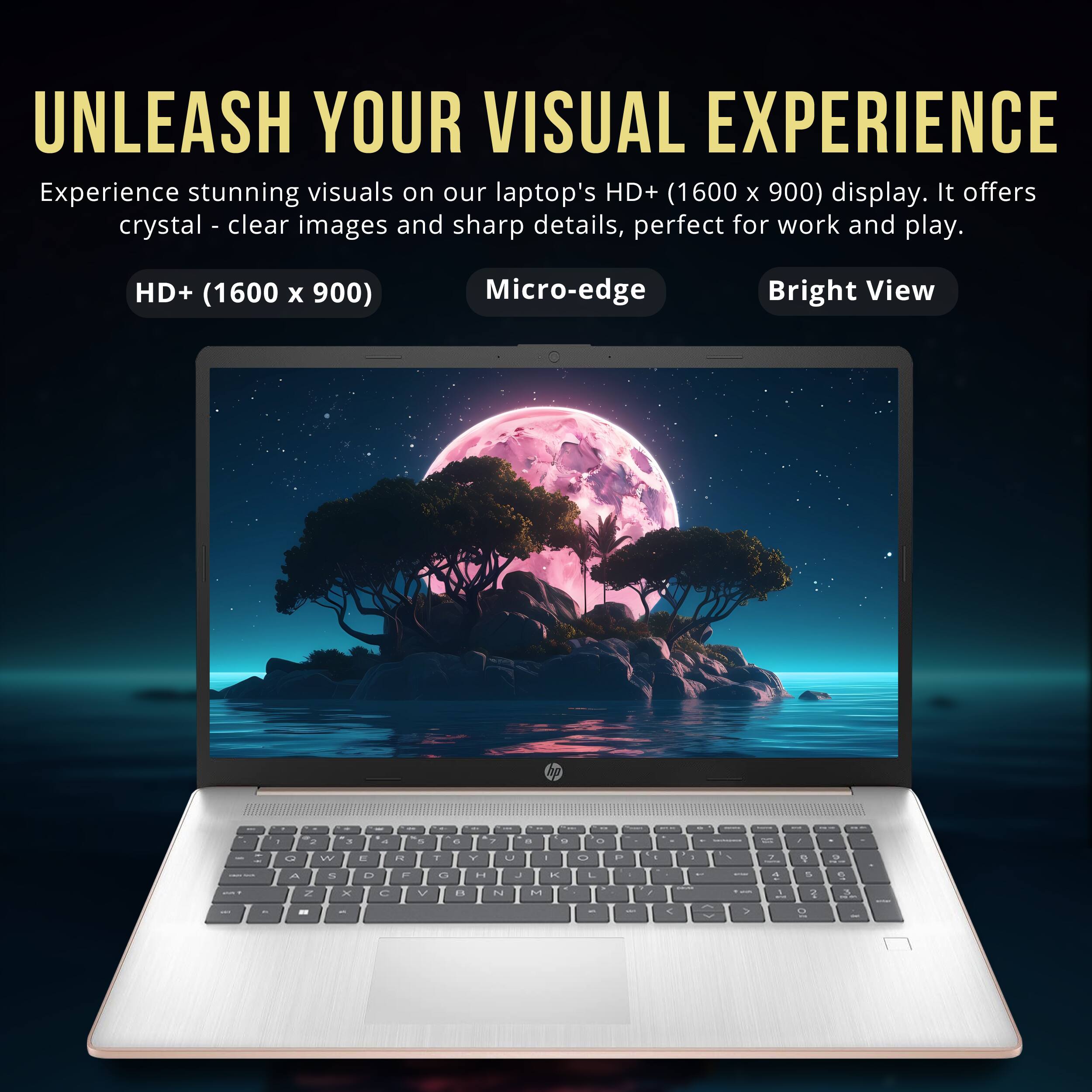 UNLEASH YOUR VISUAL EXPERIENCE

Experience stunning visuals on our laptop's HD+ (1600 x 900) display. It offers crystal-clear images and sharp details, perfect for work and play.

HD+ (1600 x 900)  
Micro-edge  
Bright View