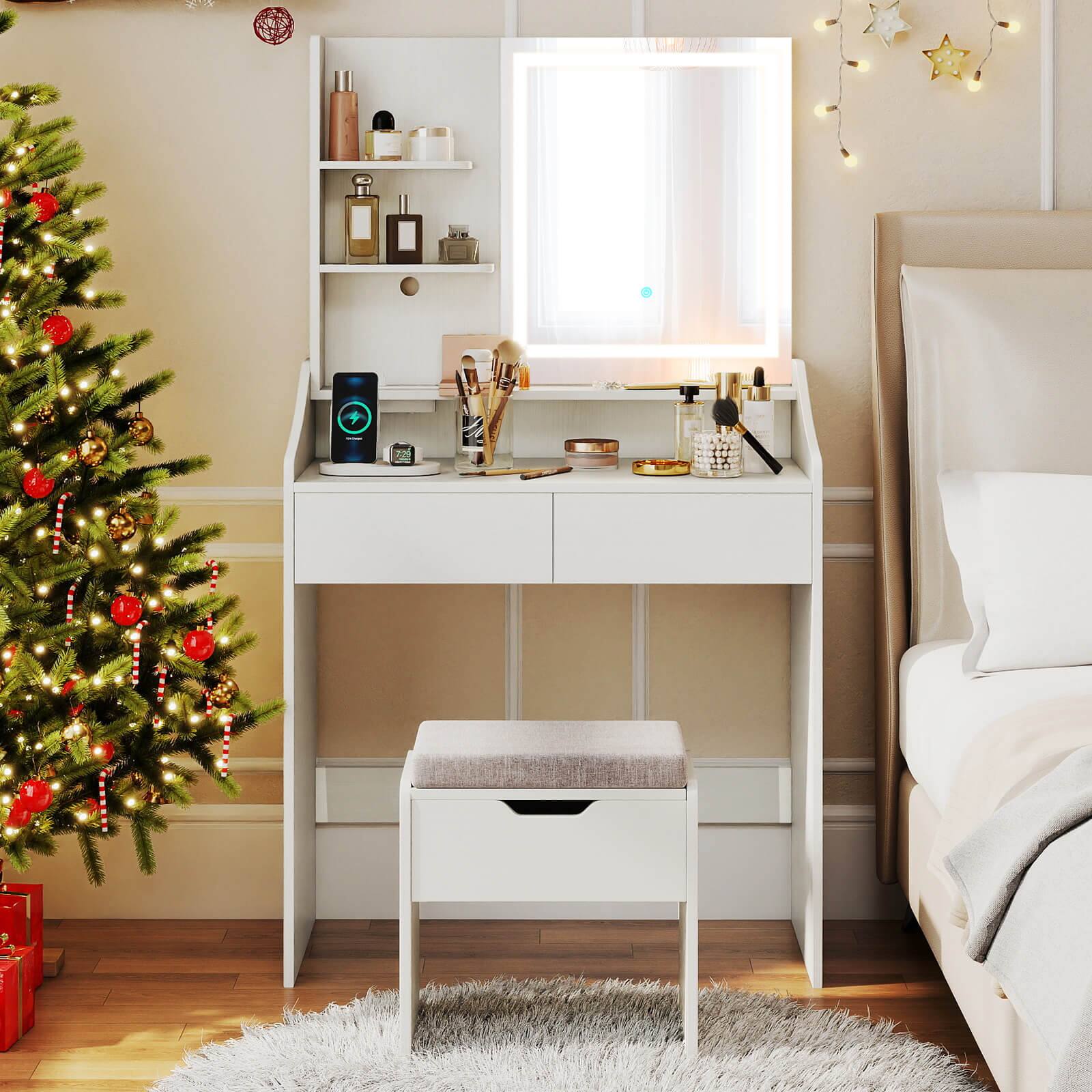 Alt View 4. Costway - Costway Vanity Desk with Mirror and Lights LED Lighted Makeup Table with 3 Color Modes - White.