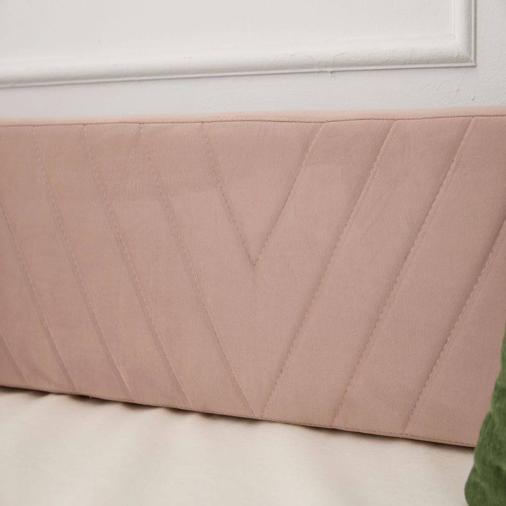 Left. Kadyn - Twin Upholstered Daybed with Trundle, USB Port & Side Pockets, Modern V-Grain Backrest, No Box Spring - Pink.