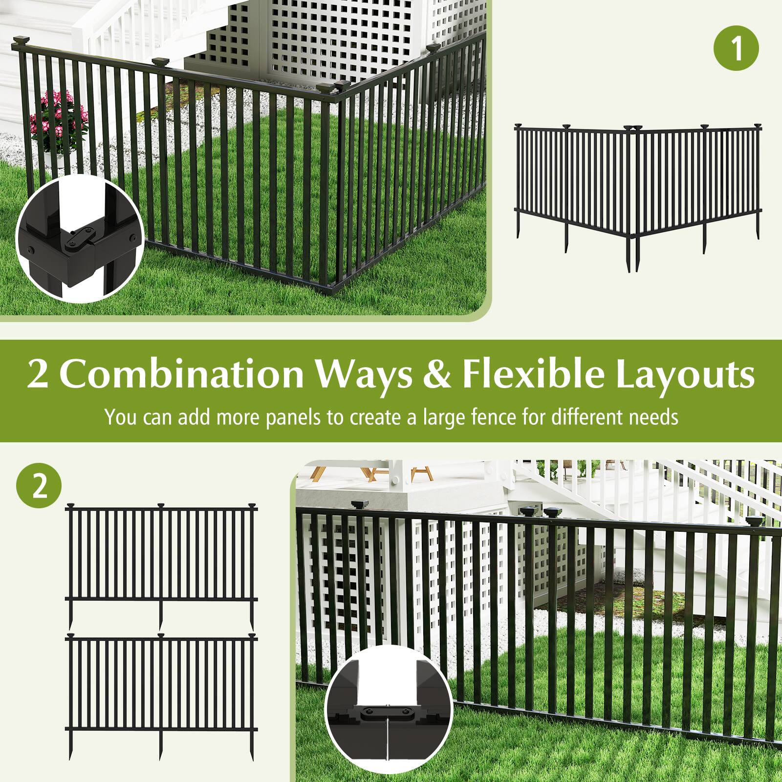 2 Combination Ways & Flexible Layouts  
You can add more panels to create a large fence for different needs