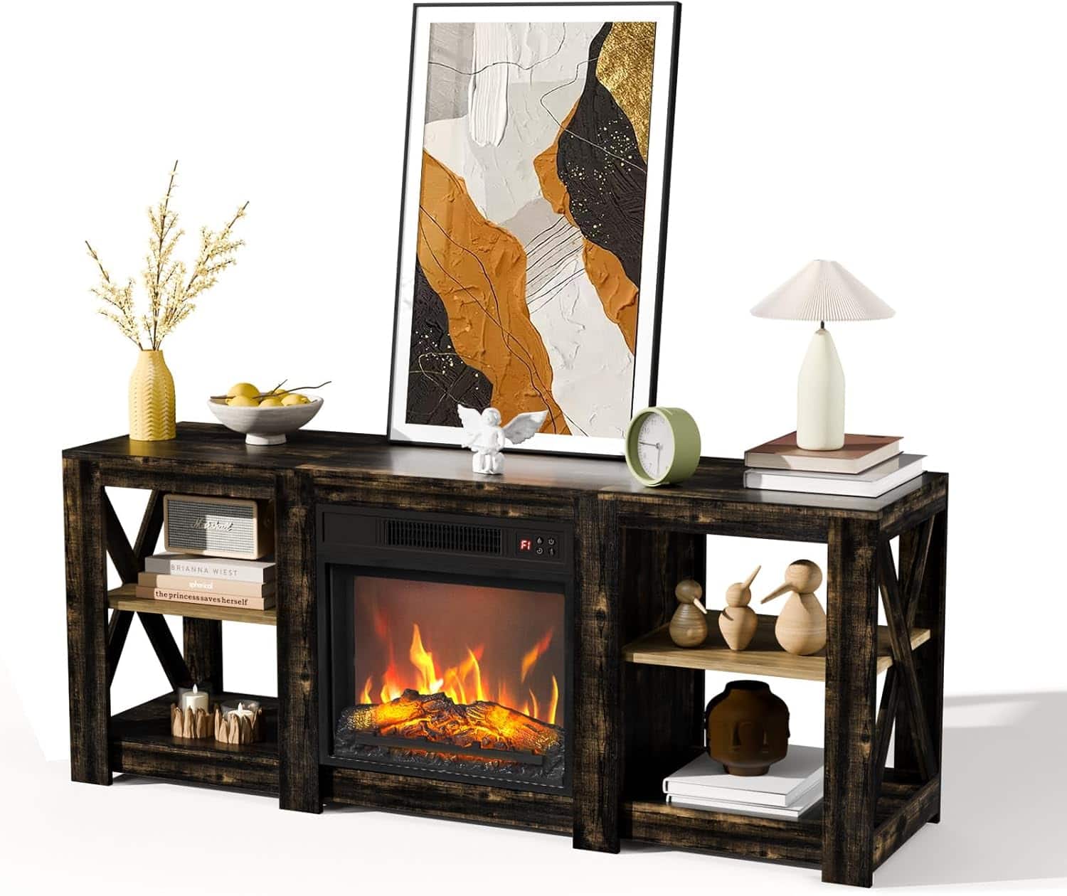 Winado - Fireplace TV Stand Cabinet for up to 70" TVs, Farmhouse Entertainment Center with 23" Remoted Electric Fireplace Heater - Dark grey oak color