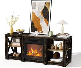 Winado - Fireplace TV Stand Cabinet for up to 70" TVs, Farmhouse Entertainment Center with 23" Remoted Electric Fireplace Heater - Dark grey oak color