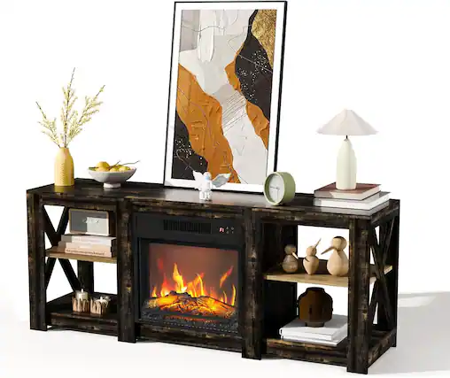Front. Winado - Fireplace TV Stand Cabinet for up to 70" TVs, Farmhouse Entertainment Center with 23" Remoted Electric Fireplace Heater - Dark grey oak color.