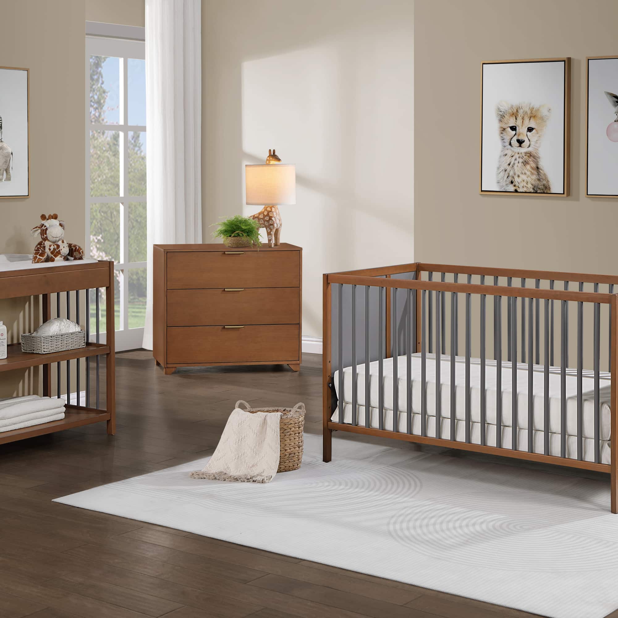 GOODSILO - Modern 3-in-1 Convertible Wooden Crib with Adjustable Mattress Heights for Nursery Bedroom - Walnut Brown