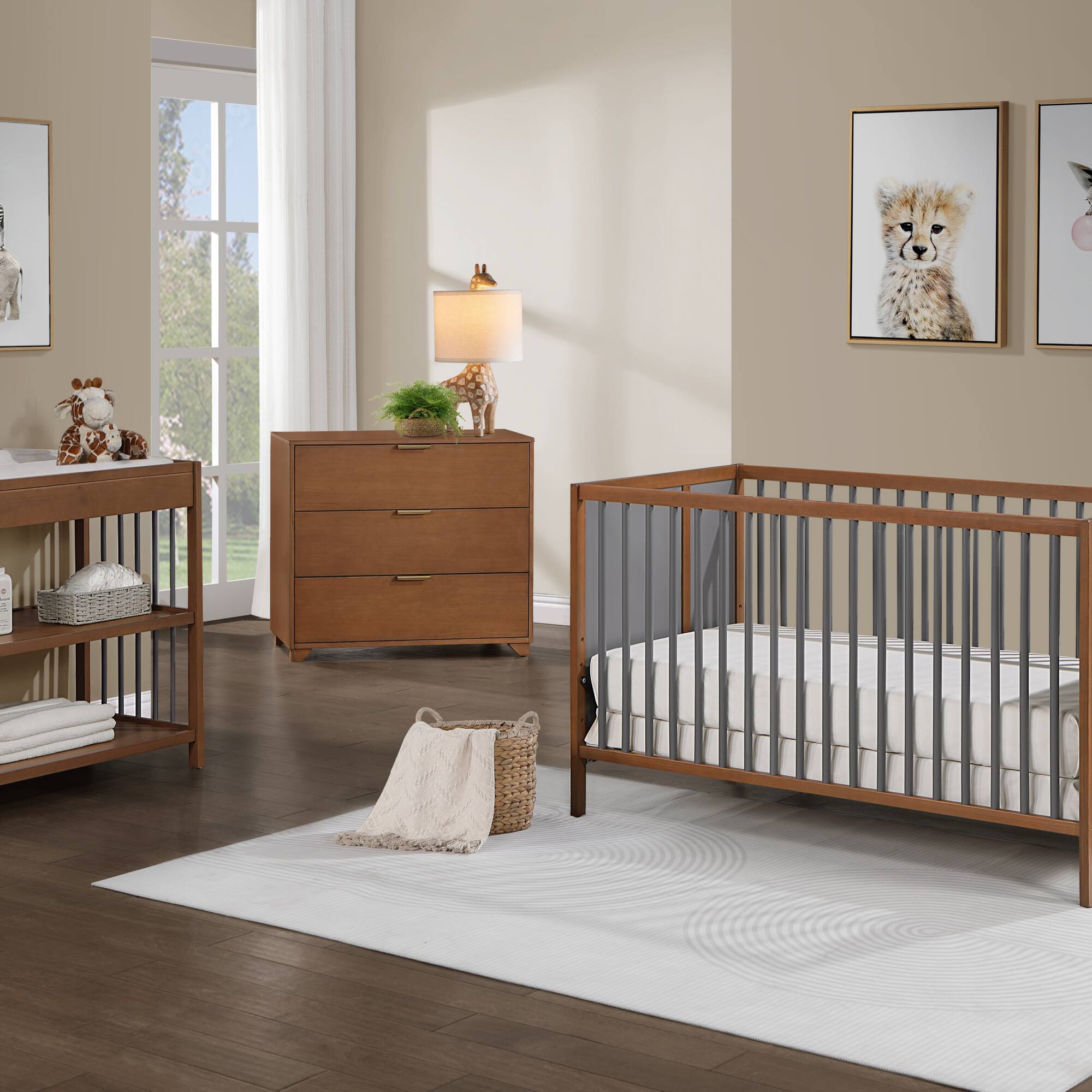 Front. GOODSILO - Modern 3-in-1 Convertible Wooden Crib with Adjustable Mattress Heights for Nursery Bedroom - Walnut Brown.