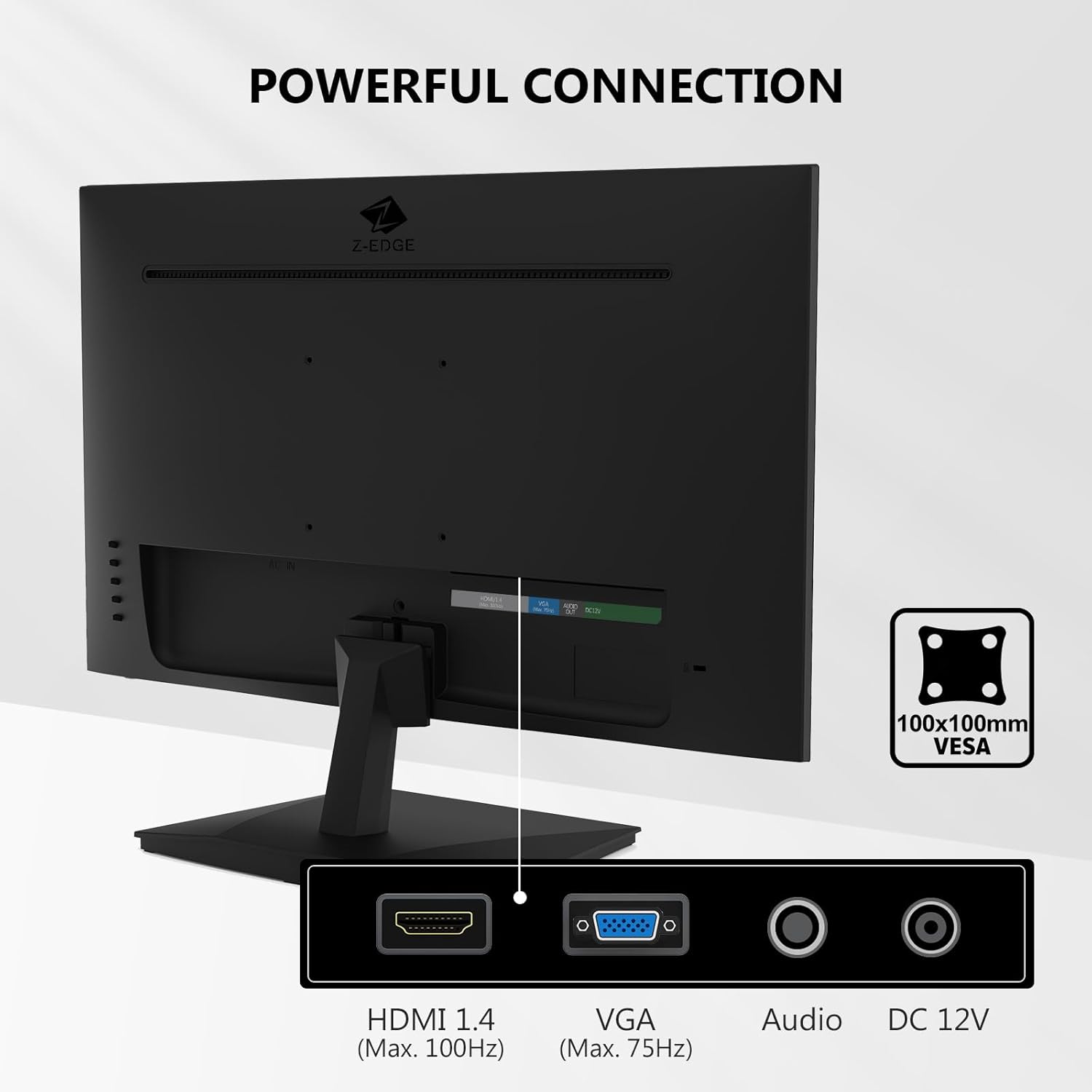 POWERFUL CONNECTION

HDMI 1.4 (Max. 100Hz)
VGA (Max. 75Hz)
Audio
DC 12V
100x100mm VESA