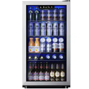 SIMZLIFE - 130 Can Beverage Refrigerator and Cooler with Glass Door for Home, 17.3 in D, 31.3 in H, 3.2 cubic feet - Silver