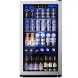 SIMZLIFE - 130 Can Beverage Refrigerator and Cooler with Glass Door for Home, 17.3 in D, 31.3 in H, 3.2 cubic feet - Silver