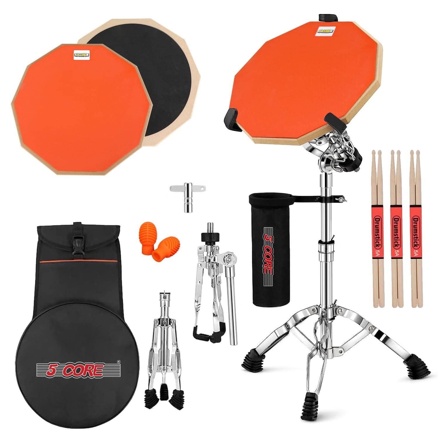 5 CORE - 5Core Drum Practice Pad Set 12" Snare Drumming Stand 2 Sided Silent Drummer Kit - Orange