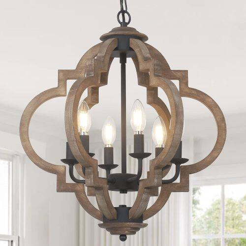 LUCKY ONE - 6-Light Rustic Farmhouse Chandelier, Black Hanging Pendant Light for Dining Room Kitchen Island - Wood
