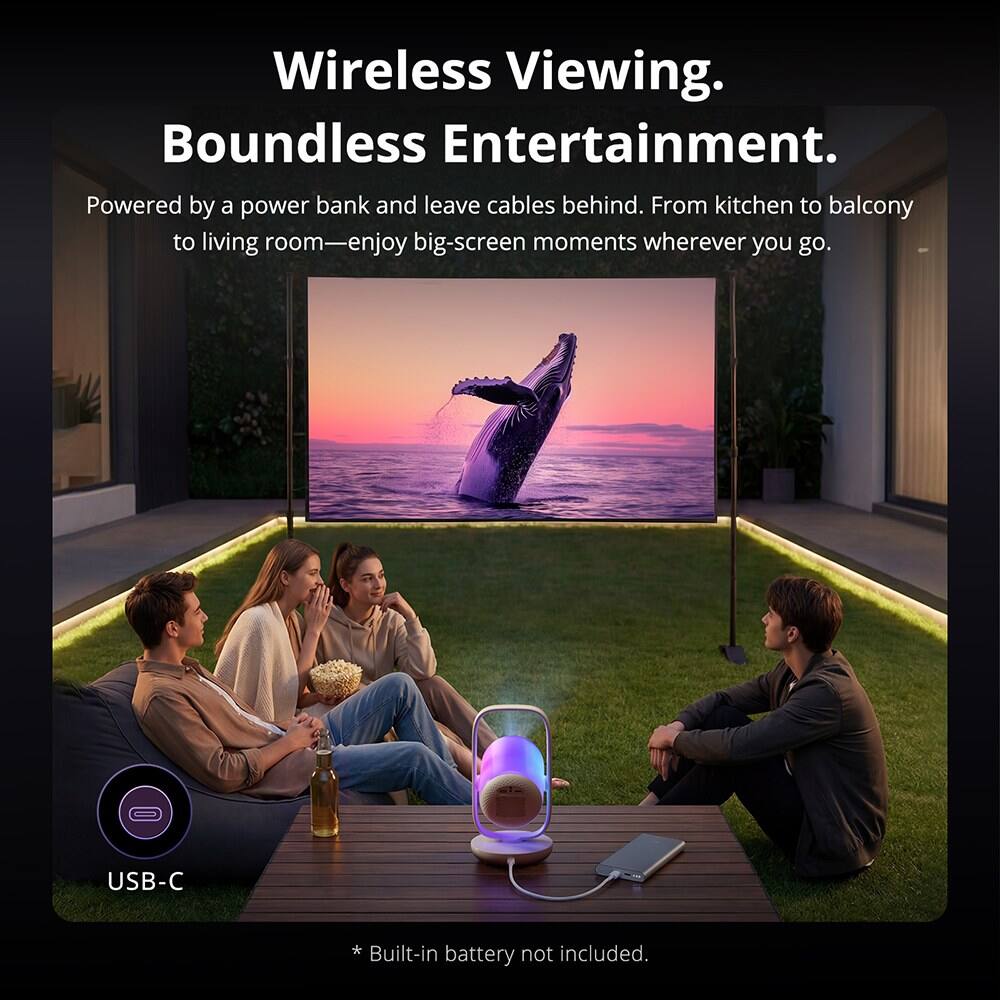 Wireless Viewing.  
Boundless Entertainment.  
Powered by a power bank and leave cables behind. From kitchen to balcony to living room—enjoy big-screen moments wherever you go.  

USB-C  
*Built-in battery not included.