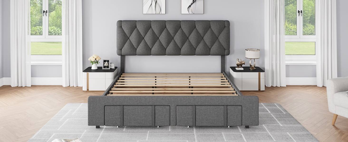 Alt View 2. Qeetex - King Size Bed Frame with Diamond Tufted Headboard, Upholstered with Storage Drawer, No Box Spring, Gray - Gray King.