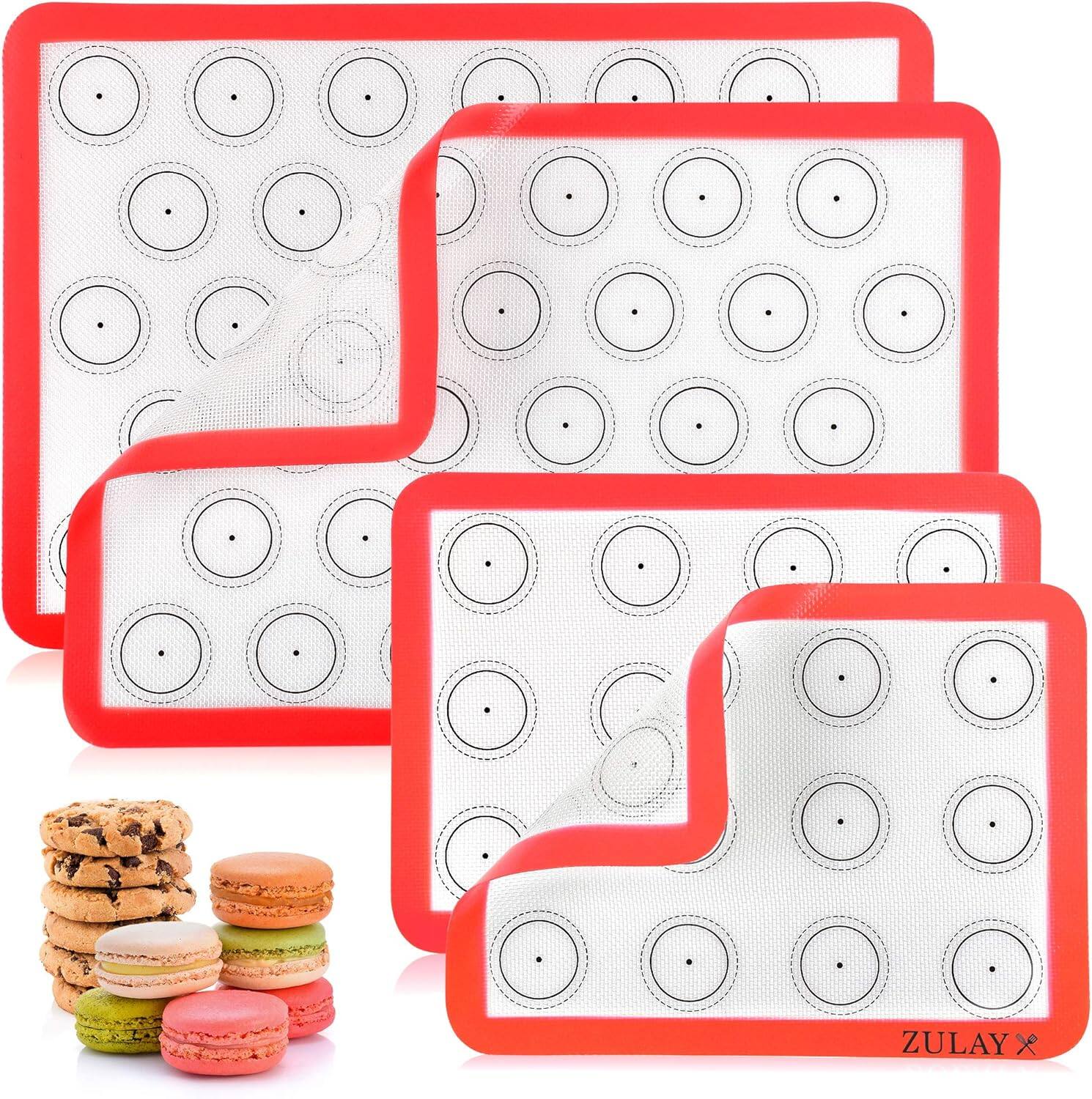 Zulay Kitchen - (Set of 4) Silicone Baking Mat - Macaron Silicone Baking Mats With Pre-printed Template Design - Red