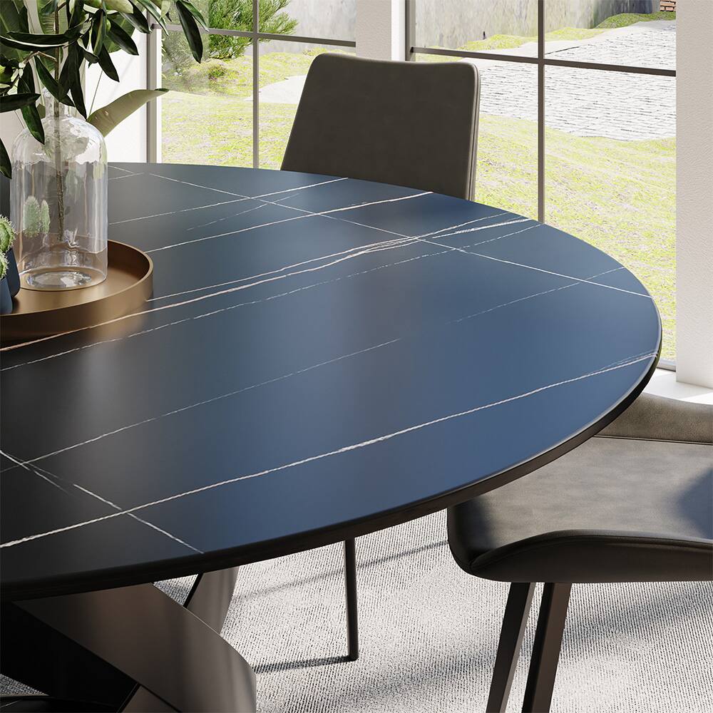 Alt View 1. POVISON - 59" Modern Round Black Dining Table for 6, Matte Sintered Stone Tabletop with Black X Carbon Steel Base - Black Matte Sintered Stone with Black.