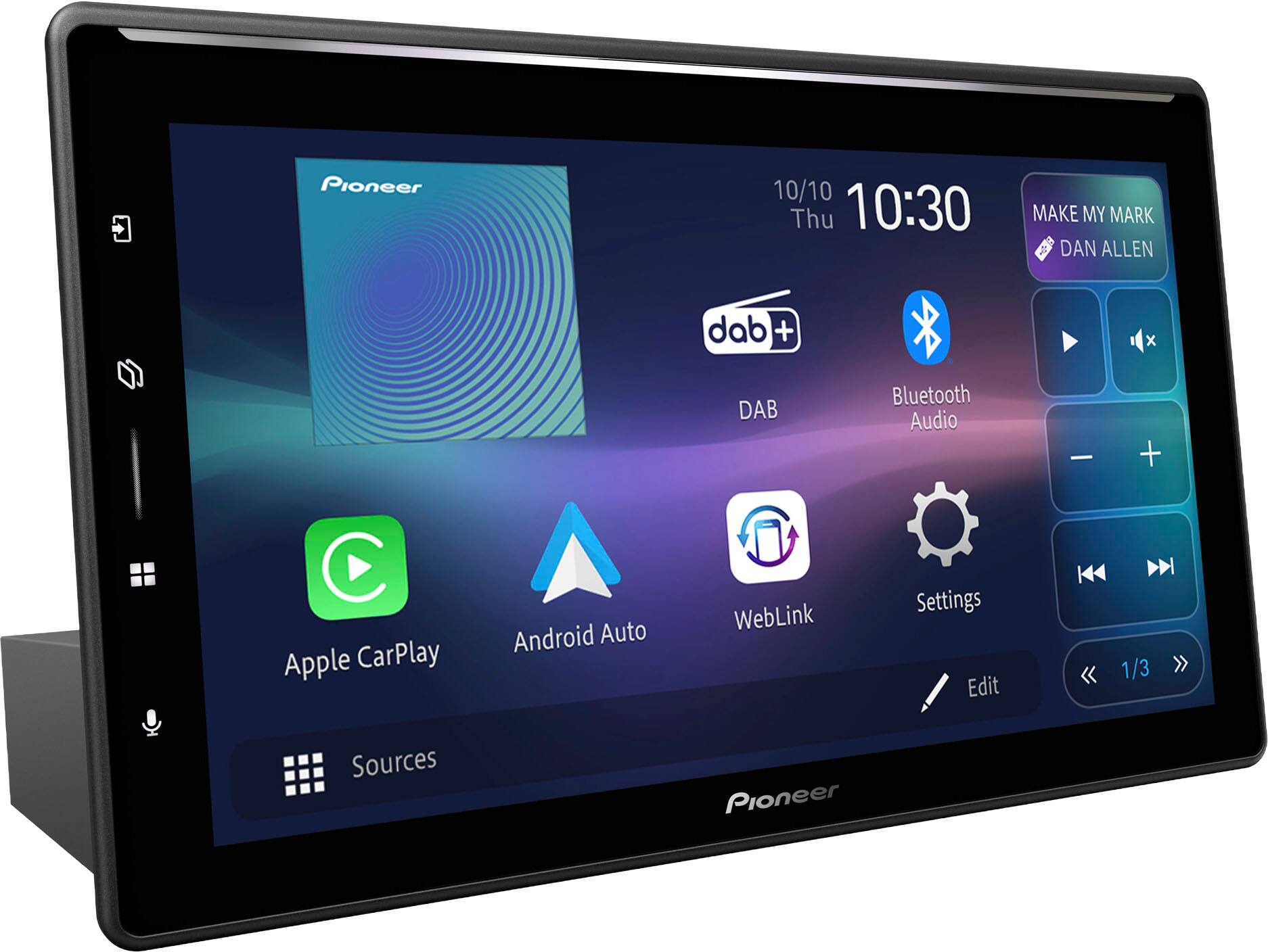 Pioneer  
10/10 Thu 10:30  
MAKE MY MARK DAN ALLEN  
dab + x DAB Bluetooth Audio  
Apple CarPlay Android Auto WebLink Settings Edit  
1/3 Sources Pioneer