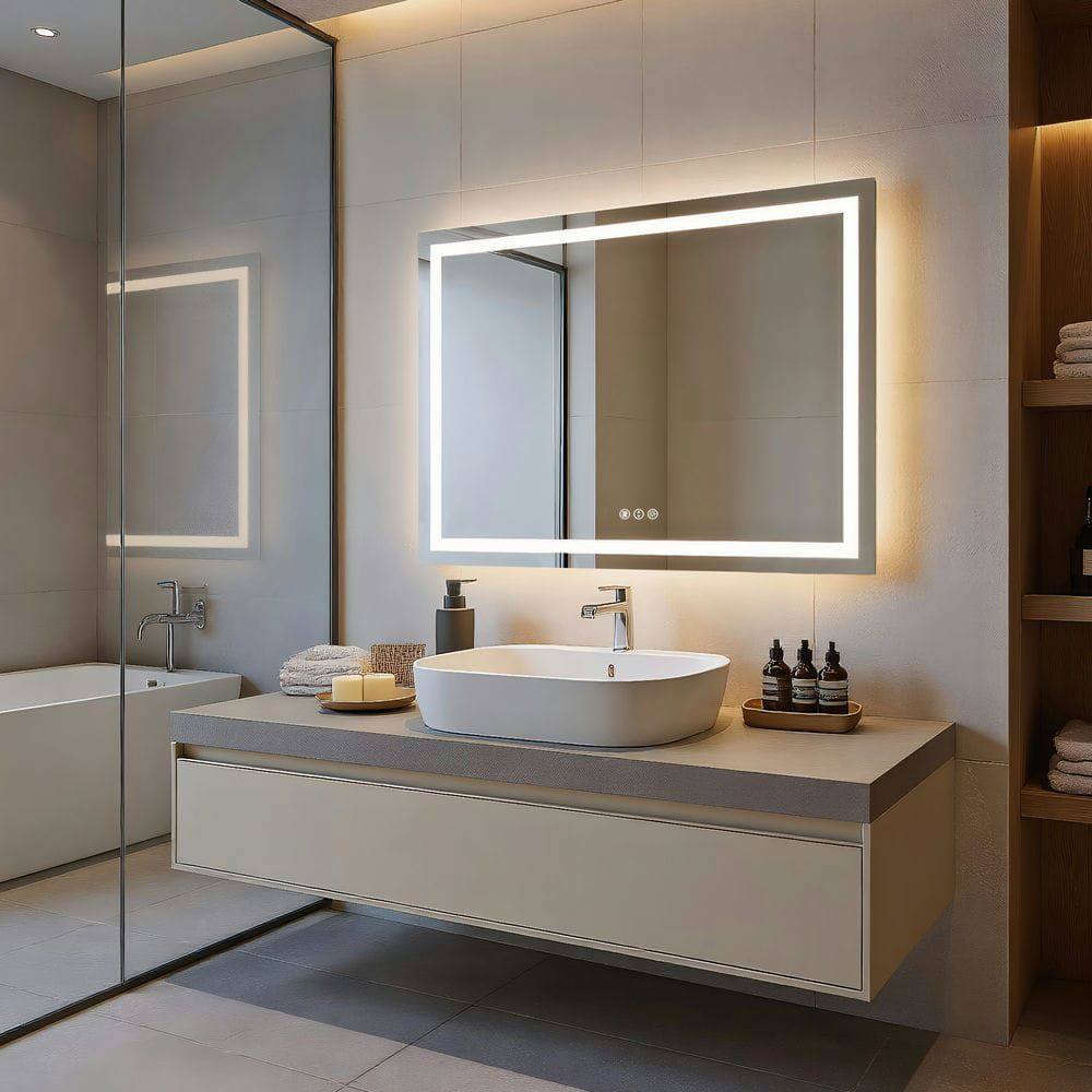 Alt View 7. Kadyn - 48x32 Inch Extra Wide Frameless Rectangle LED Bathroom Mirror for Large Walls.