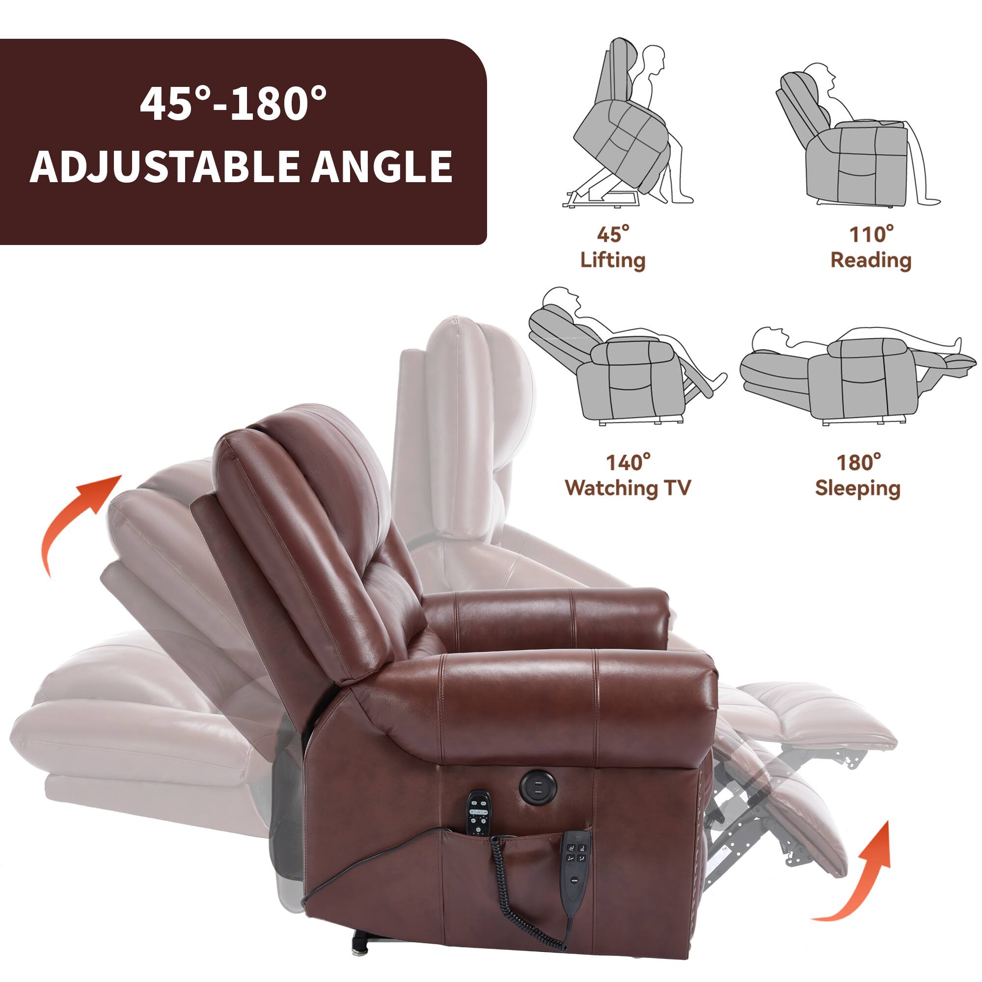45°-180° Adjustable Angle

45° Lifting  
110° Reading  
140° Watching TV  
180° Sleeping