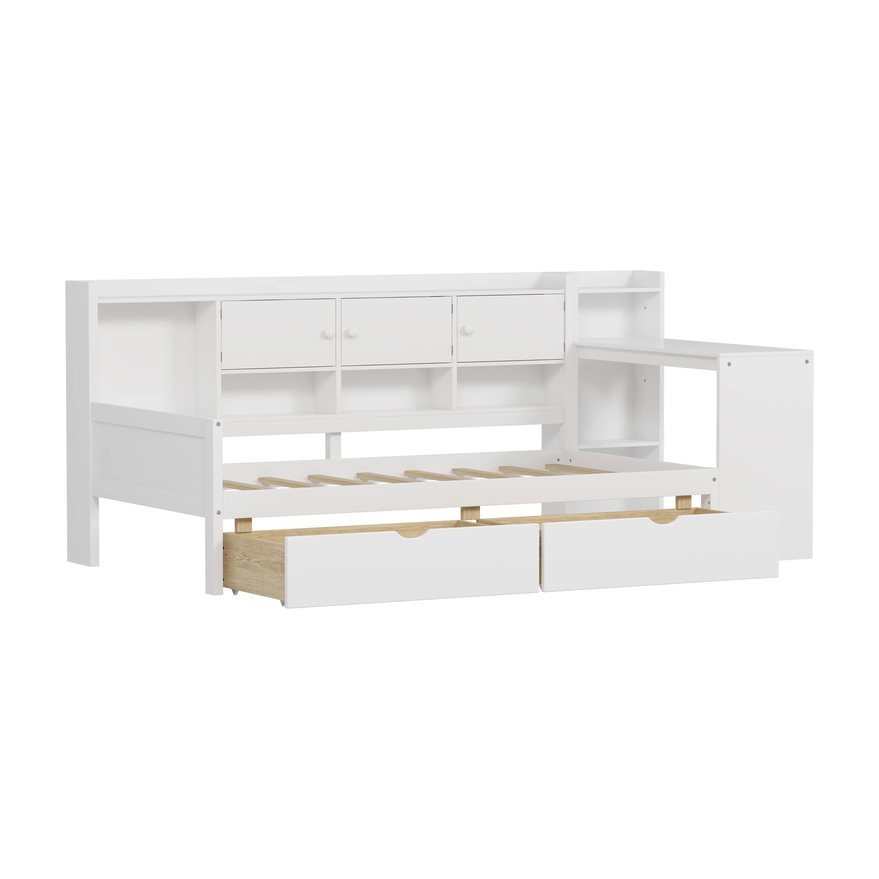 Alt View 4. Tiramisubest - Wooden L-Shape Daybed with Storage Cabinets and Drawers, Multi-functional Bed with Study Desk and Built-in Bookshelf - White.