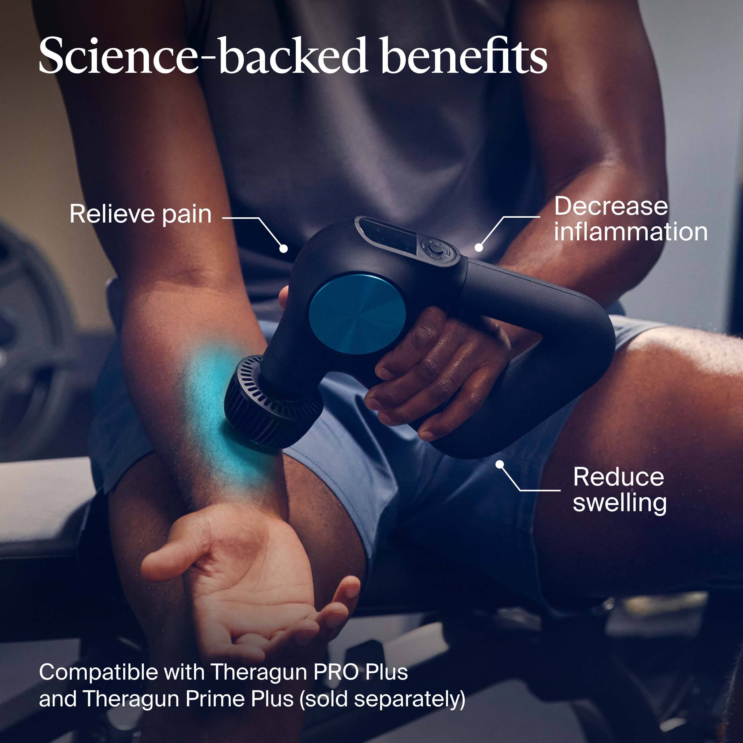 Science-backed benefits

- Relieve pain
- Decrease inflammation
- Reduce swelling

Compatible with Theragun PRO Plus and Theragun Prime Plus (sold separately)