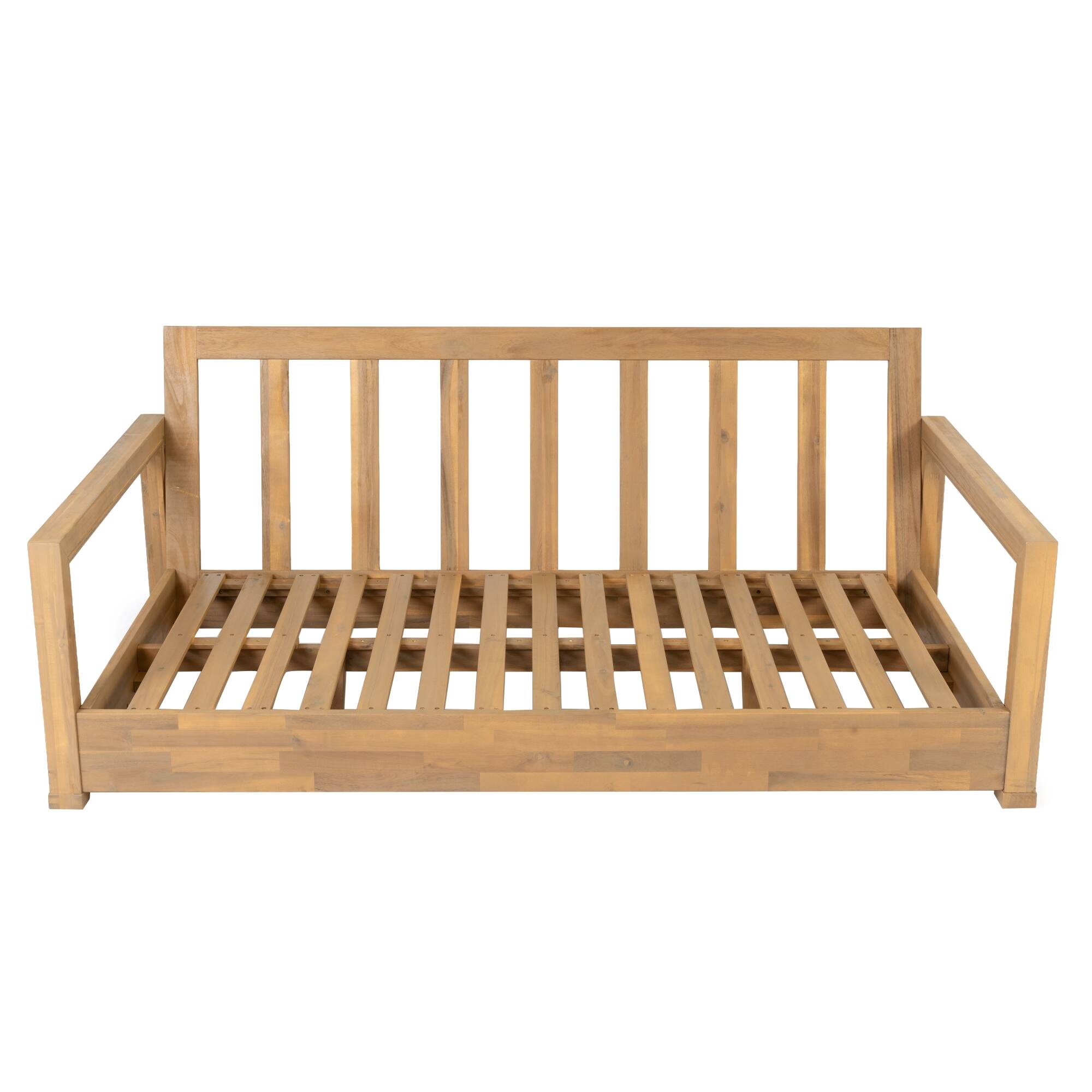 Alt View 1. Whisen - 67.5" W Outdoor 3-Seater Sofa, Acacia Wood Patio Daybed with Thick Cushions & Adjustable Foot Pads - Teak|Beige.