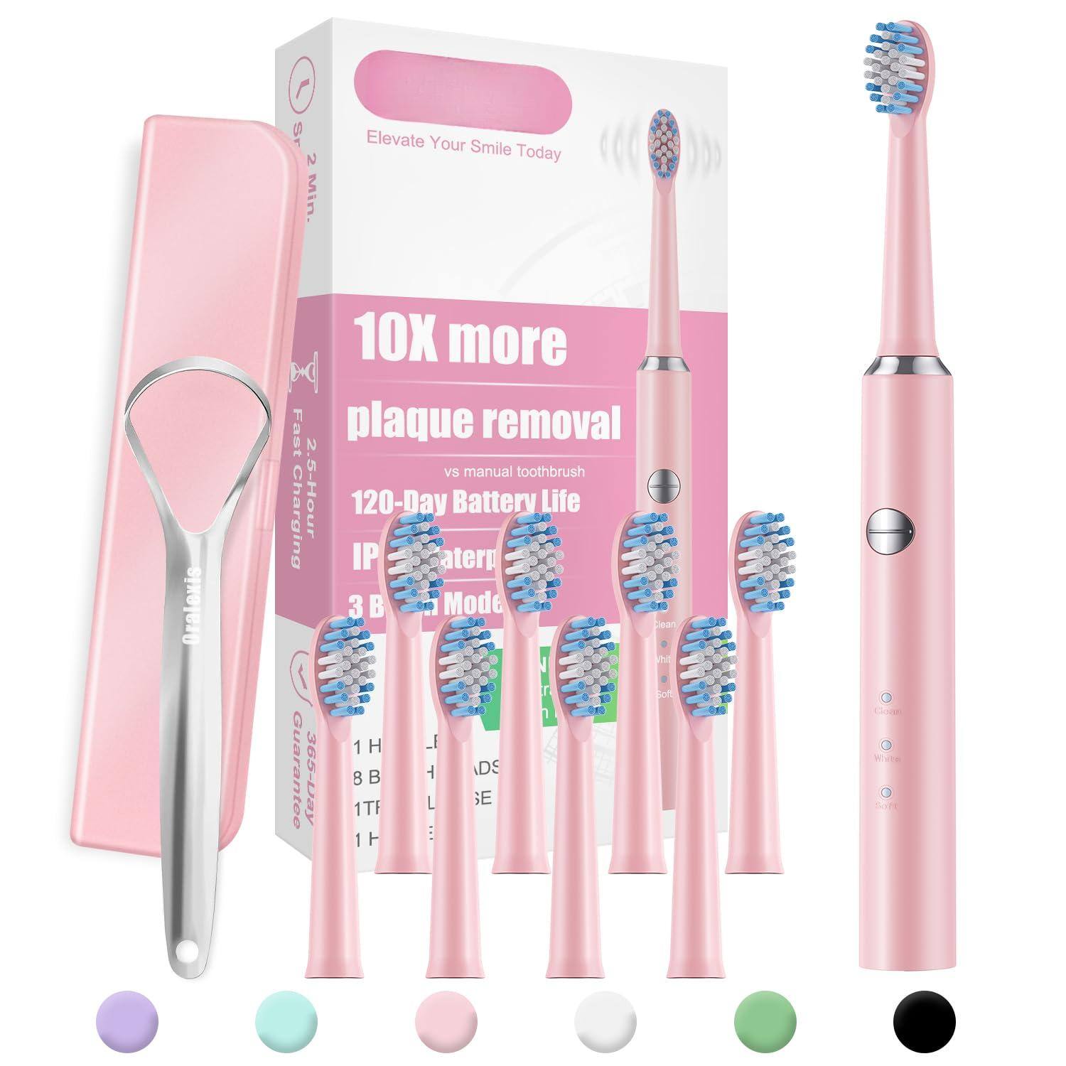 Sure, here is the corrected and grouped text from the image:

---

**Elevate Your Smile Today**

**Oralexis**

**10X more plaque removal vs manual toothbrush**

**2-Minute Charging**

**120-Day Battery Life**

**IPX7 Waterproof**

**3 Brush Modes: Clean, White, Soft**

**365-Day Guarantee**

**1 Year Warranty**

**1 Travel Case**

**8 Brush Heads**

**1 Toothpaste**

**1 Charger**

---

This text is organized to reflect the key features and components of the product as shown in the image.