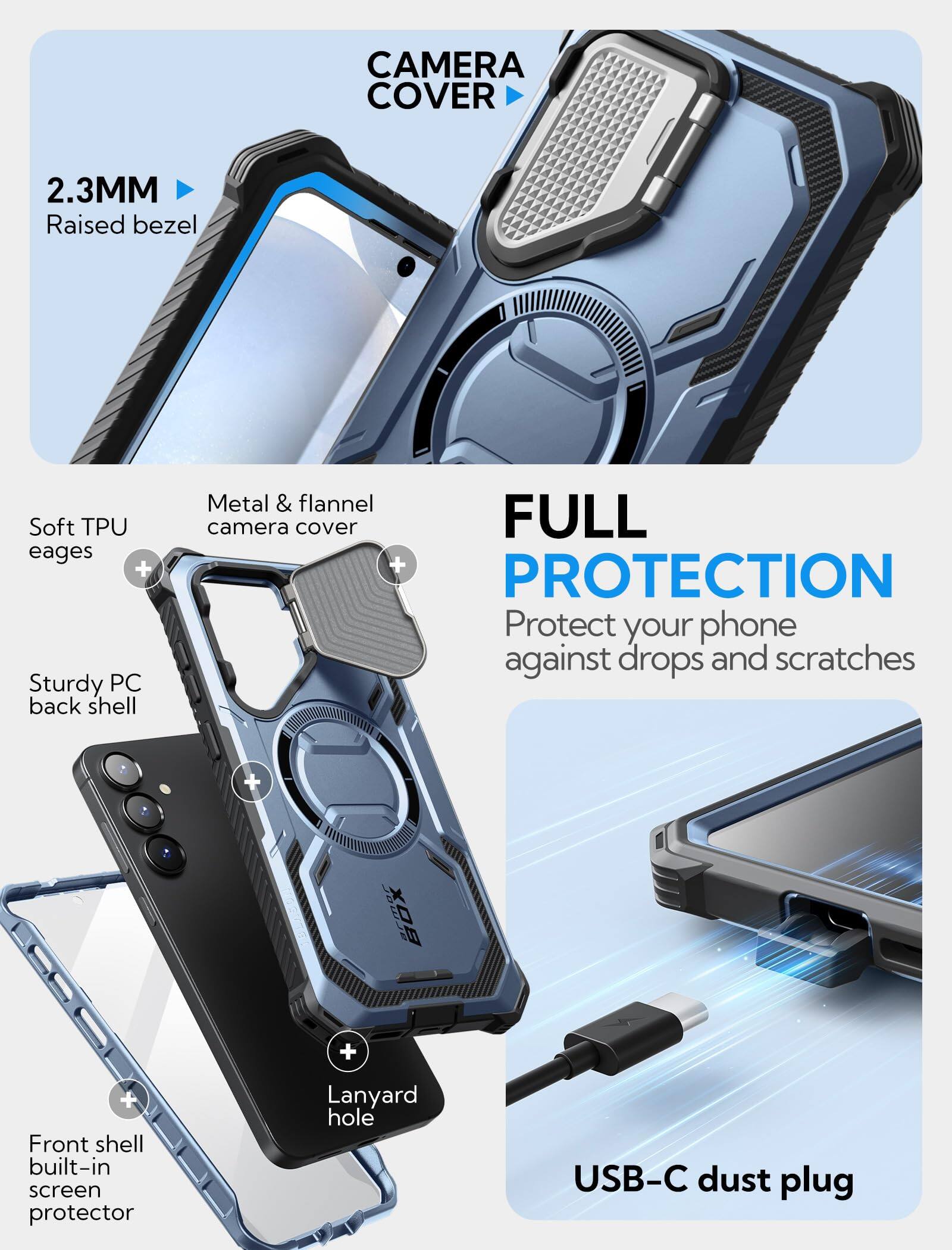 CAMERA COVER

2.3MM  
Raised bezel

Soft TPU edges  
+  
Sturdy PC back shell

Metal & flannel camera cover

FULL PROTECTION  
Protect your phone against drops and scratches

Front shell built-in screen protector  
+  
Lanyard hole  
+  
USB-C dust plug