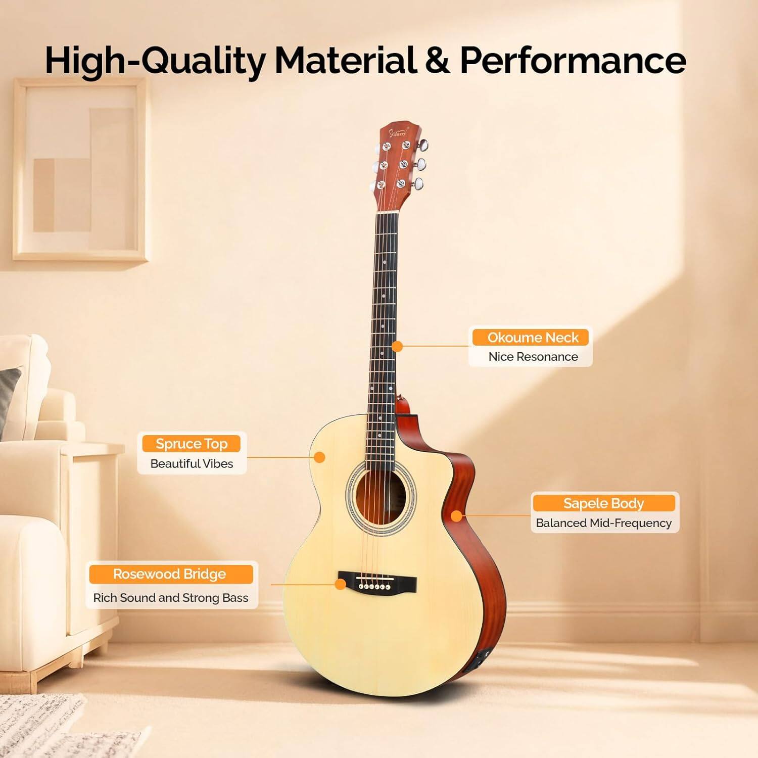 High-Quality Material & Performance  
Okoume Neck - Nice Resonance  
Spruce Top - Beautiful Vibes  
Sapele Body - Balanced Mid-Frequency  
Rosewood Bridge - Rich Sound and Strong Bass