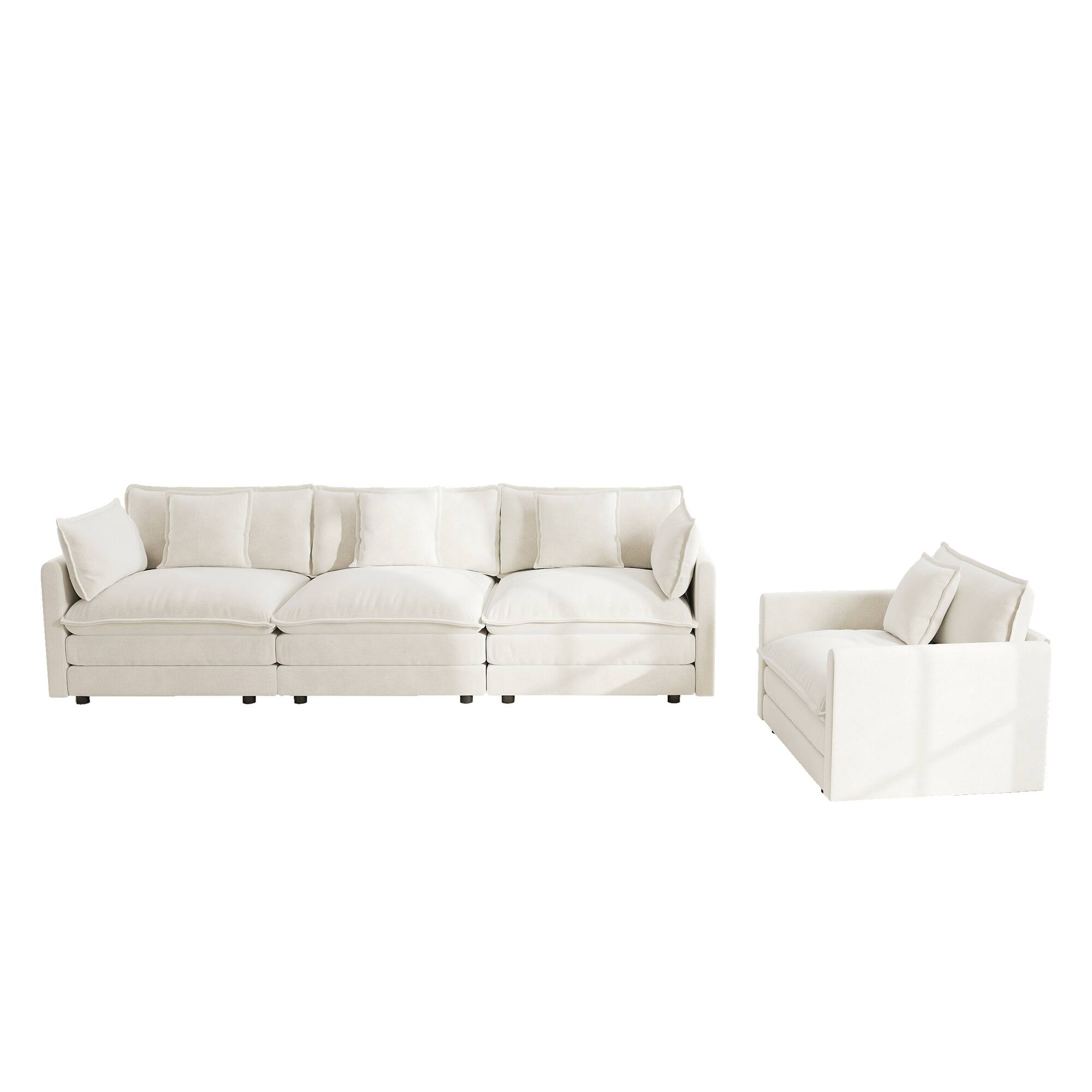 Back. LOVMOR - 3 Piece Chenille Sofa Set Sectional Deep Seat Easy Assembly For Living Room Bedroom Apartment Plush Cozy TV XL - White.