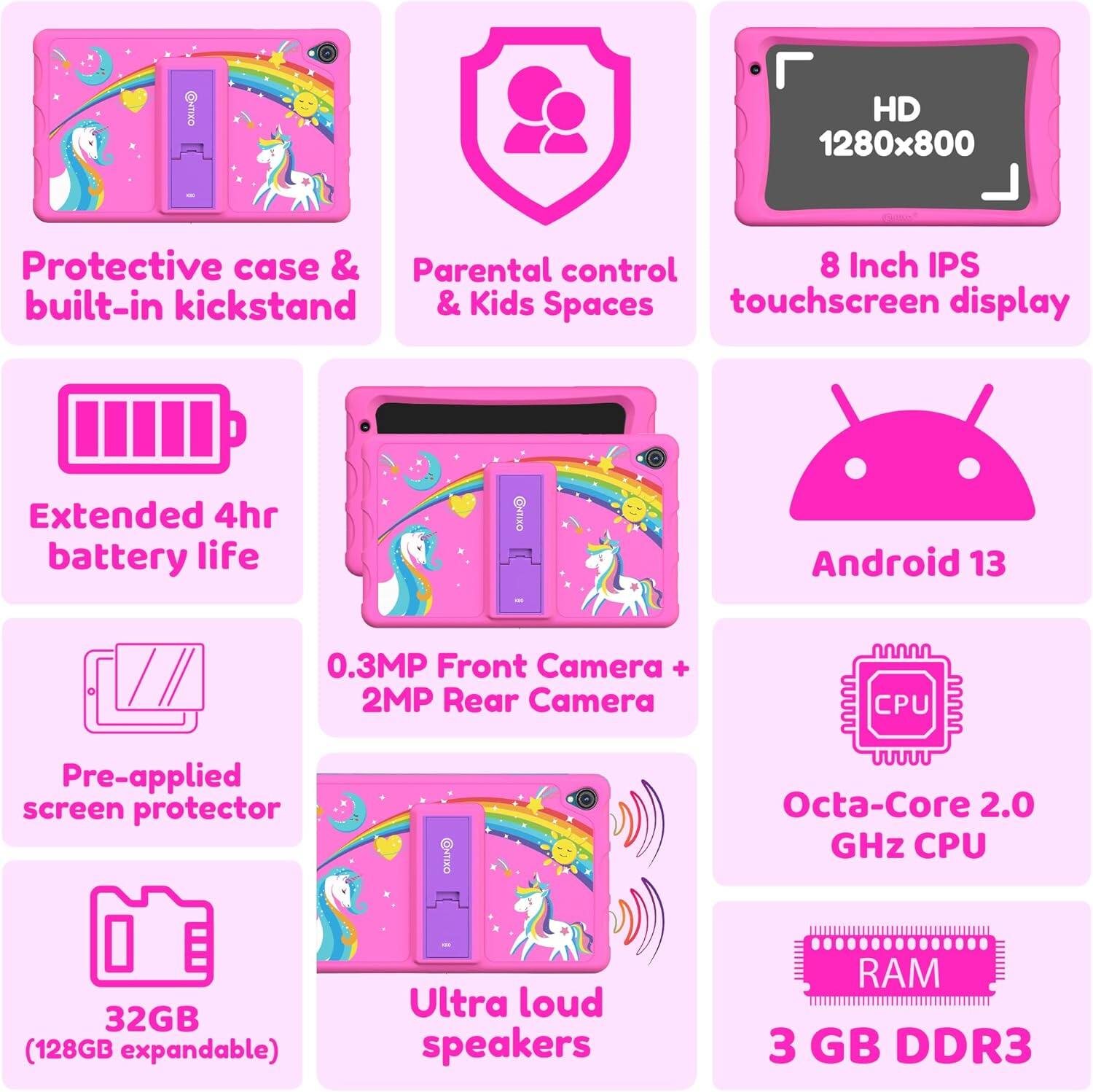 HD 1280x800, Protective case & built-in kickstand, 8 Inch IPS touchscreen display, Extended 4hr battery life, Android 13, 0.3MP Front Camera + 2MP Rear Camera, CPU, Pre-applied screen protector, 32GB (128GB expandable), Ultra loud speakers, RAM 3 GB DDR3