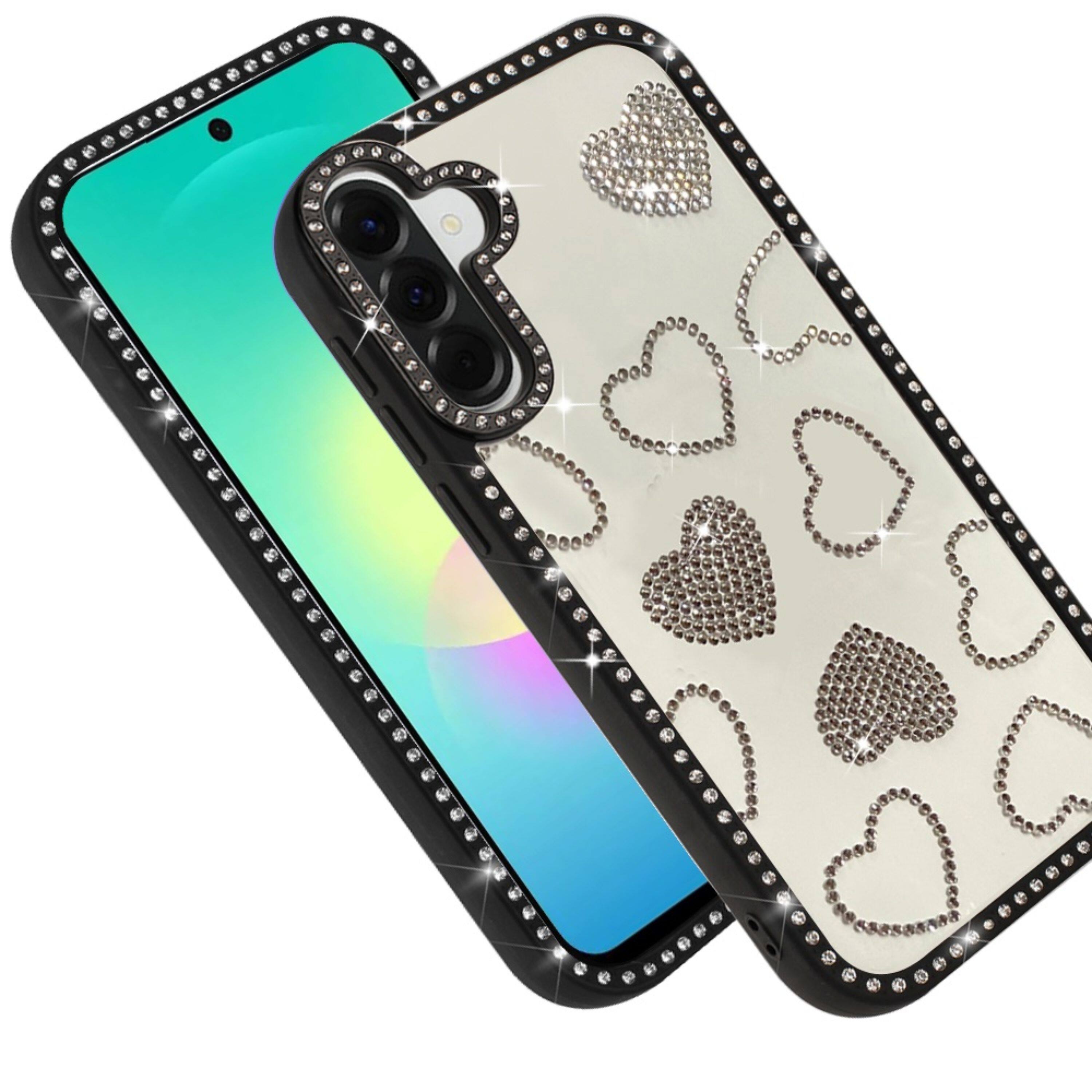 Angle. Kitcheniva - Rhinestone Hearts With Bling Around Trim Plus Tempered Glass Beige - Black.