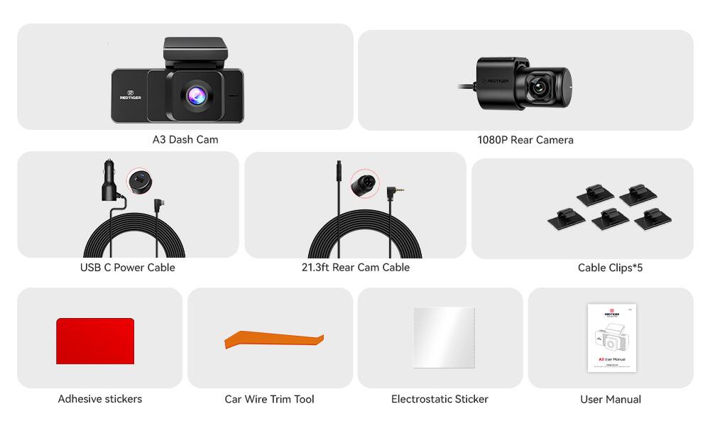 - PEOTIGER REDTIGER A3 Dash Cam 1080P
- 1080P Rear Camera
- USB C Power Cable
- 21.3ft Rear Cam Cable
- Cable Clips*5
- Adhesive Stickers
- Car Wire Trim Tool
- Electrostatic Sticker
- User Manual