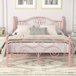Vecelo - Queen Bed Frame with Headboard & Footboard, Heavy Duty Steel Slats - No Box Spring, Easy Assembly - Pink