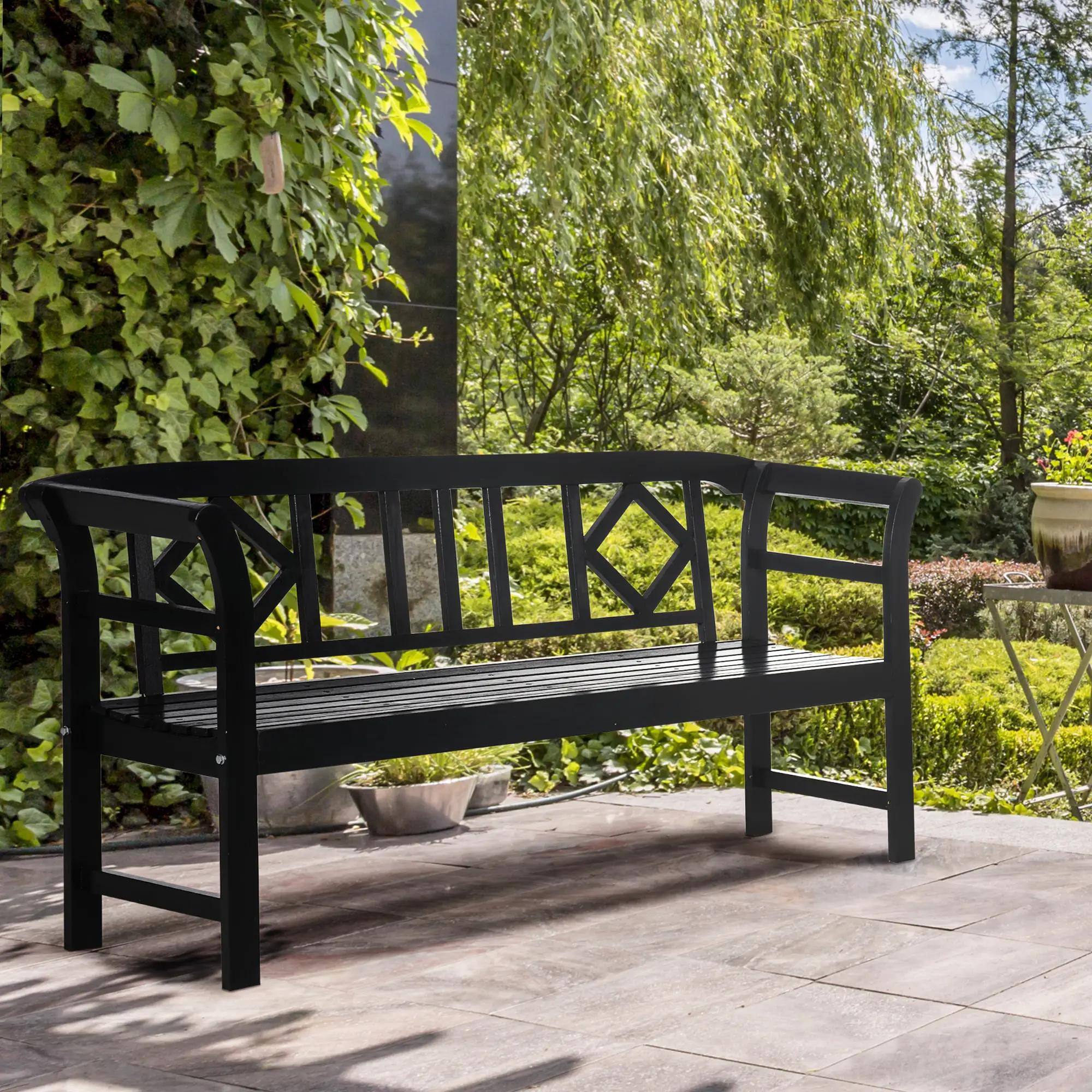 Left. Resenkos - Resenkos Wooden Bench, Rustic Diamond Pattern, 3-Seater Outdoor Porch Bench, Comfortable Back & Armrests, Black - Black.