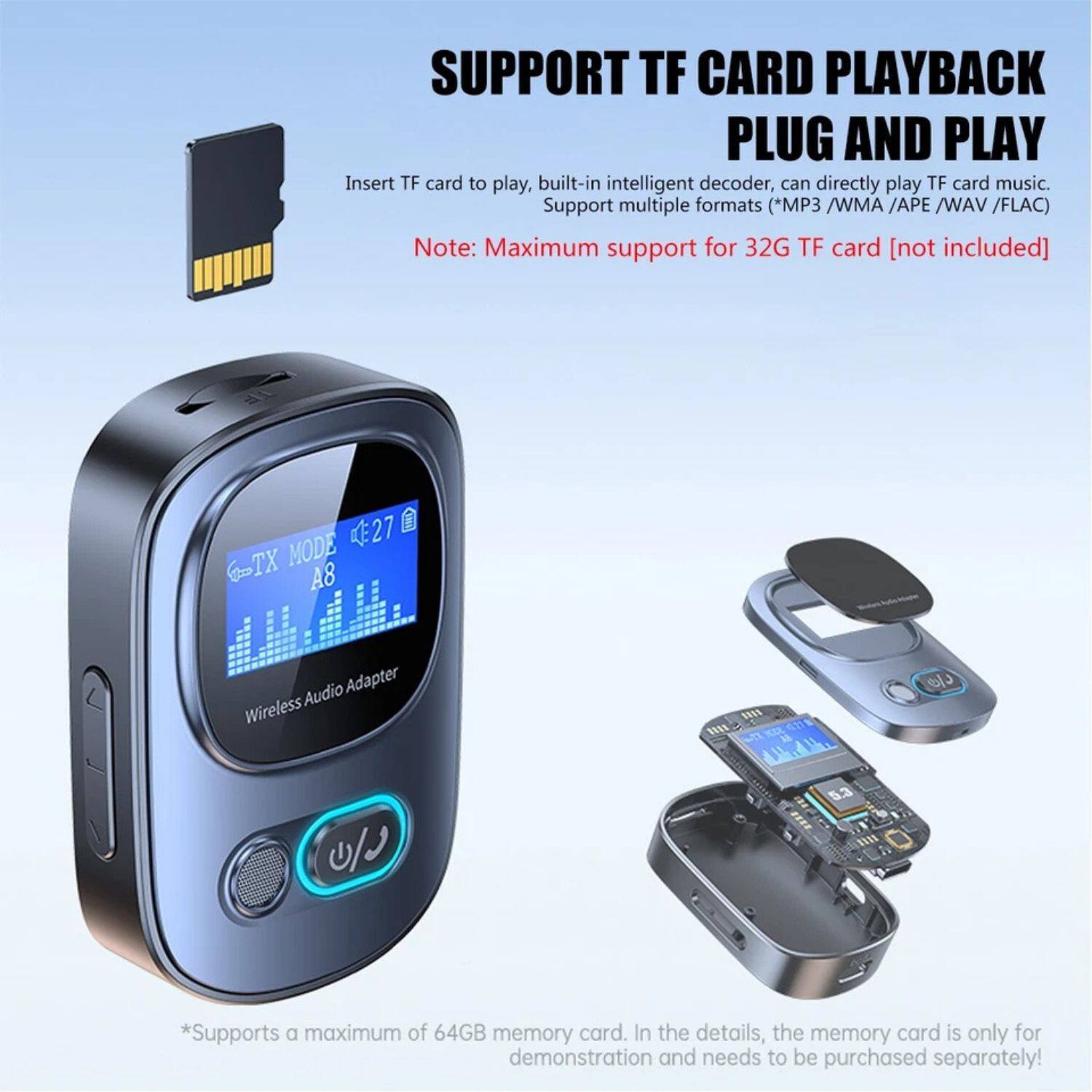 SUPPORT TF CARD PLAYBACK  
PLUG AND PLAY  

Insert TF card to play, built-in intelligent decoder, can directly play TF card music.  
Support multiple formats (*MP3 / WMA / APE / WAV / FLAC)  

Note: Maximum support for 32G TF card [not included]  

*Supports a maximum of 64GB memory card. In the details, the memory card is only for demonstration and needs to be purchased separately!