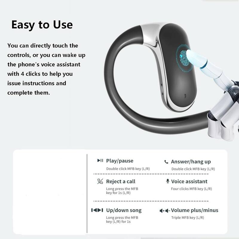 Easy to Use

You can directly touch the controls, or you can wake up the phone's voice assistant with 4 clicks to help you issue instructions and complete them.

- Play/pause: Double click MFB key (L/R)
- Answer/hang up: Double click MFB key (L/R)
- Reject a call: Long press the MFB key for 1s (L/R)
- Voice assistant: Four clicks MFB key (L/R)
- Up/down song: Long press the MFB key (L/R) for 1s
- Volume plus/minus: Triple MFB key (L/R)