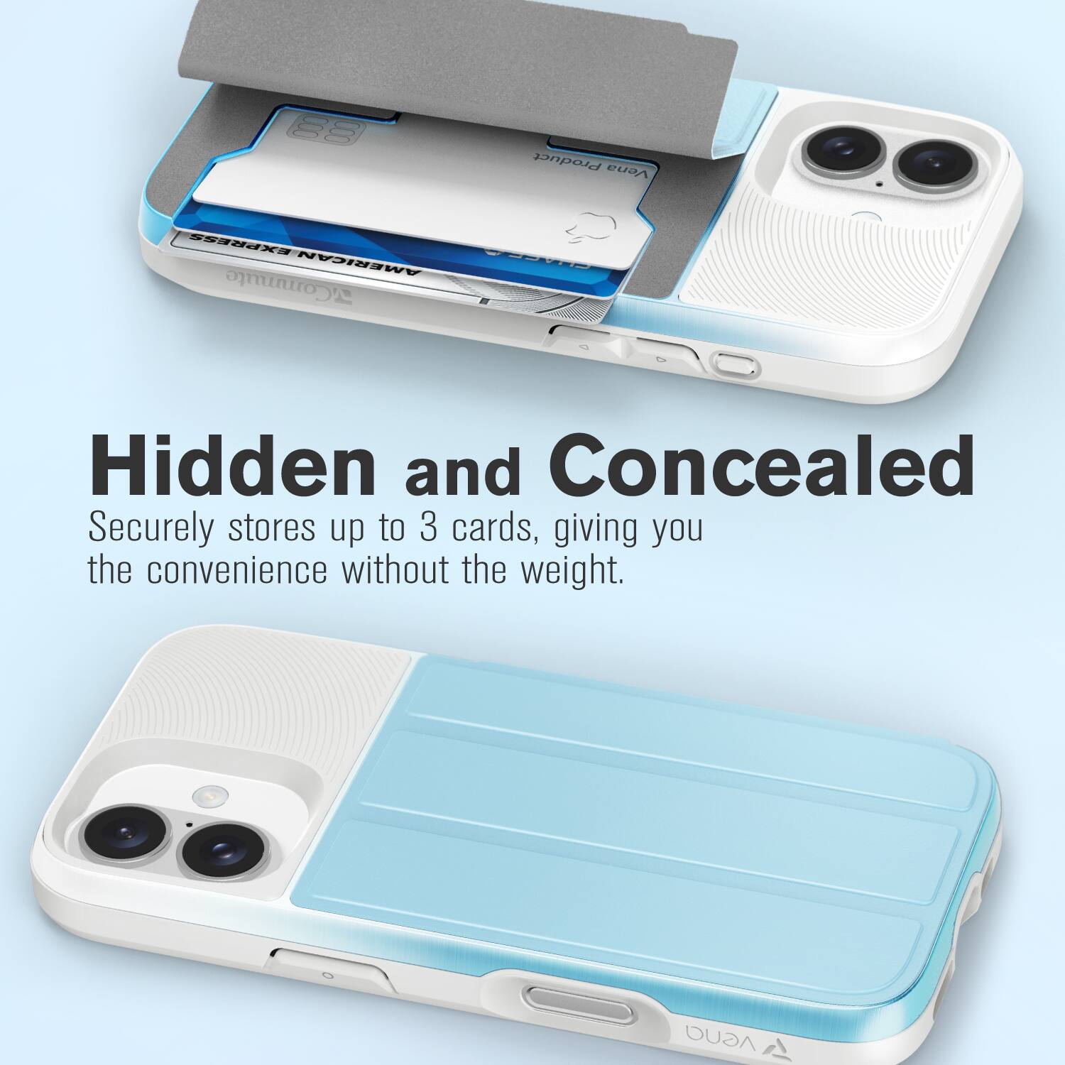 Hidden and Concealed  
Securely stores up to 3 cards, giving you the convenience without the weight.