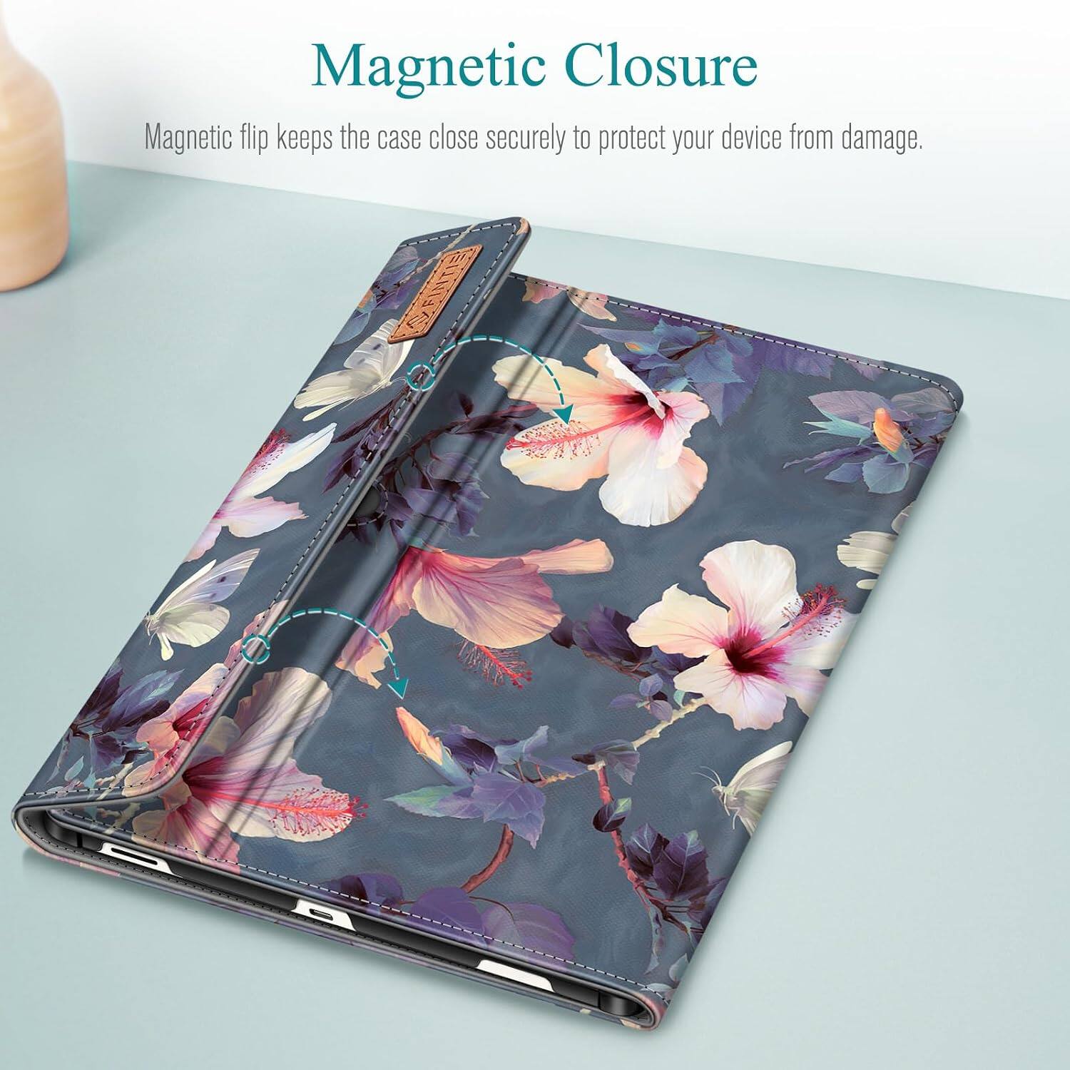 Magnetic Closure  
Magnetic flip keeps the case close securely to protect your device from damage.