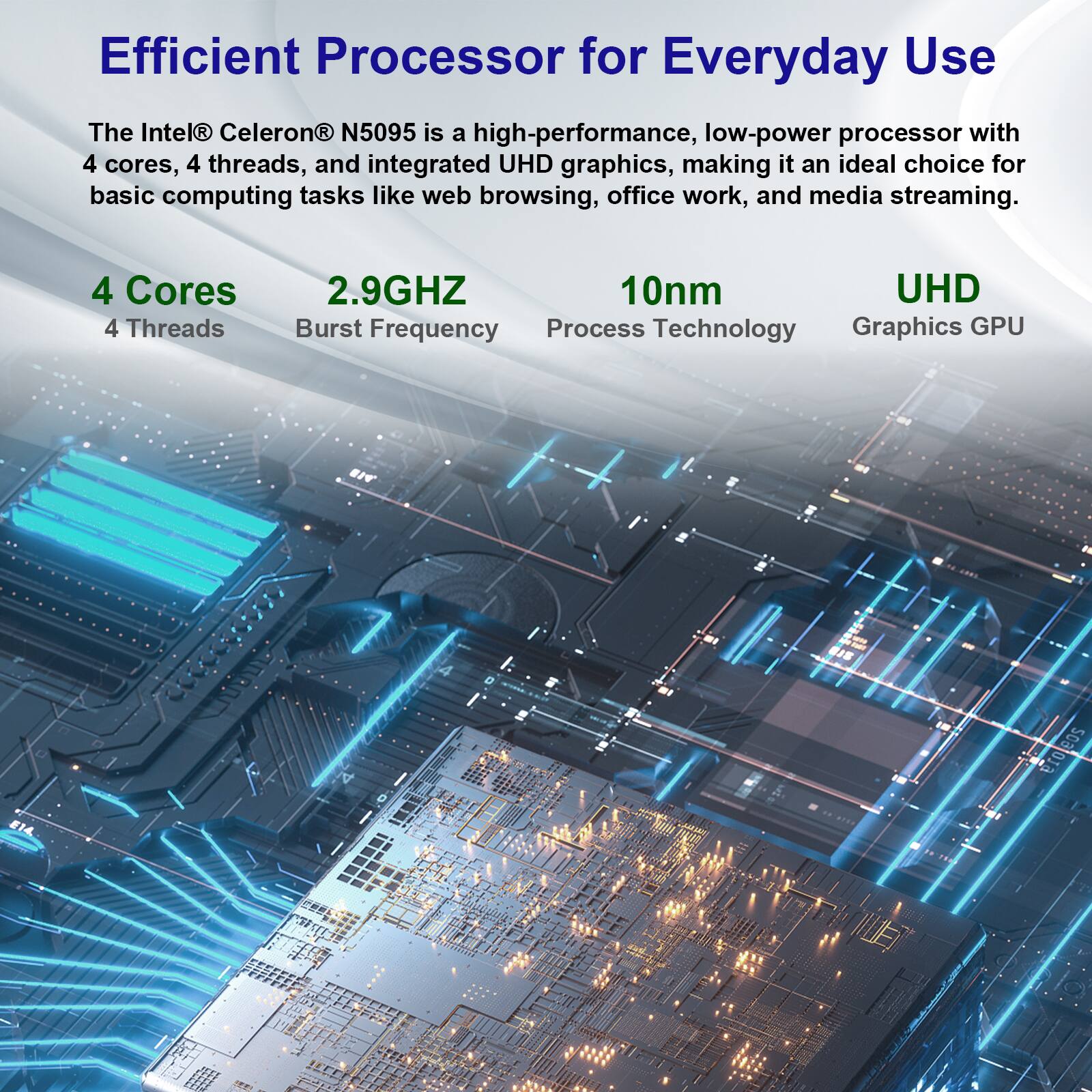 Efficient Processor for Everyday Use

The Intel Celeron N5095 is a high-performance, low-power processor with 4 cores, 4 threads, and integrated UHD graphics, making it an ideal choice for basic computing tasks like web browsing, office work, and media streaming.

4 Cores
4 Threads
2.9GHz
10nm
Burst Frequency
Process Technology
Graphics GPU