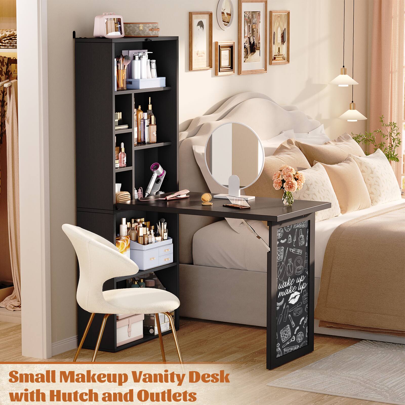 Small Makeup Vanity Desk with Hutch and Outlets